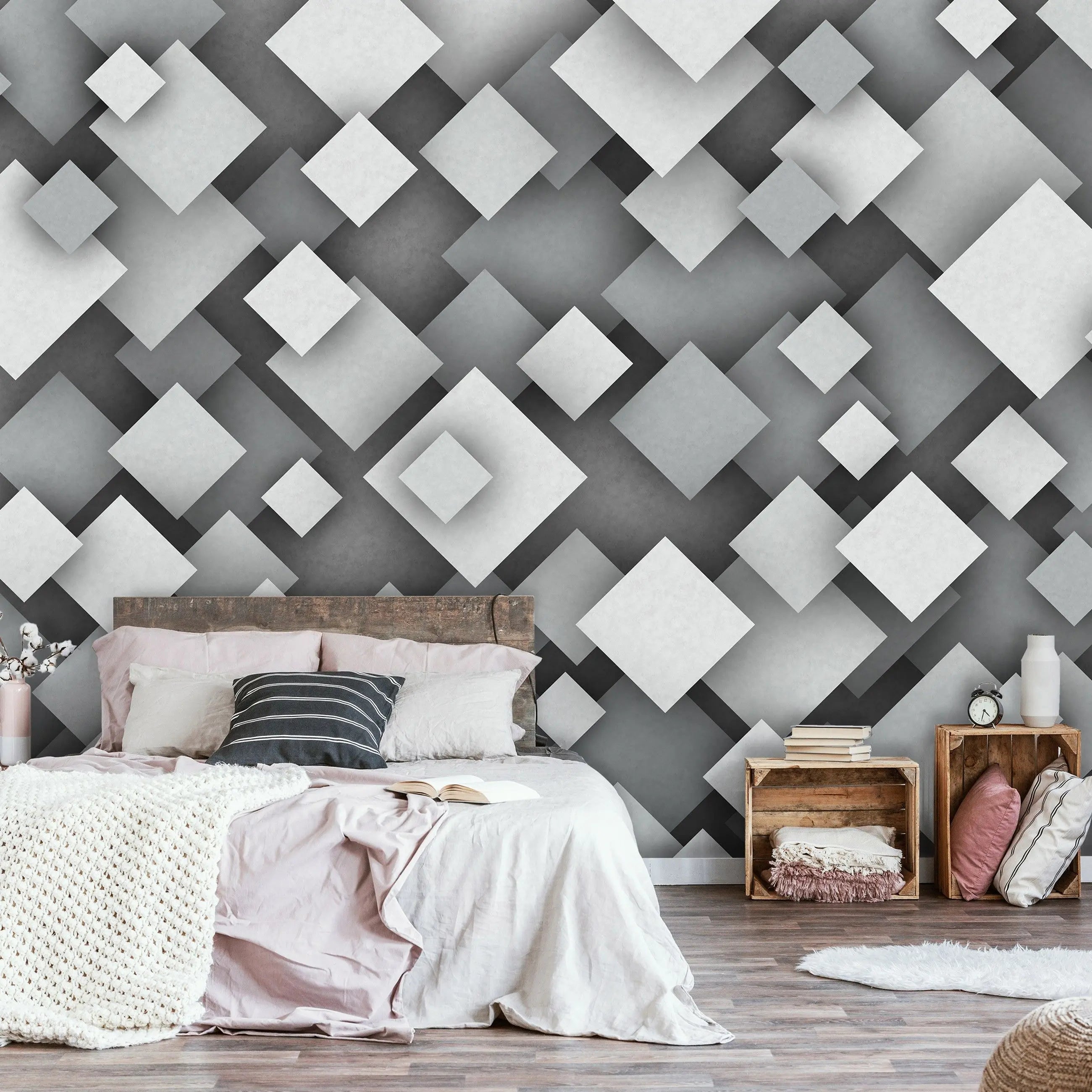 Billede 6 af Fototapet - Lag af grå kvadrater i forskellige størrelser