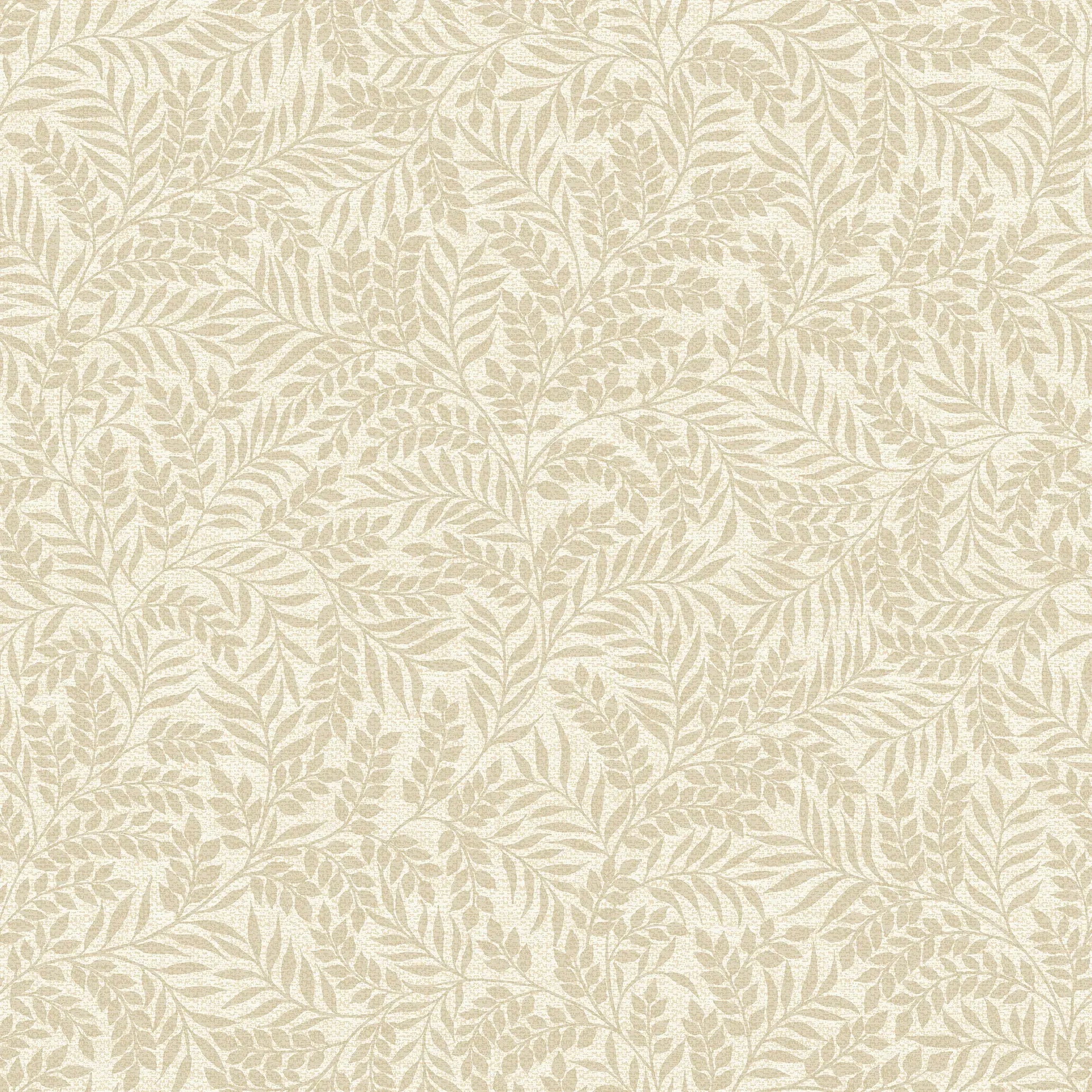 Detaljeret nærbillede af Laurel - Beige tapet med subtile bladmønstre.