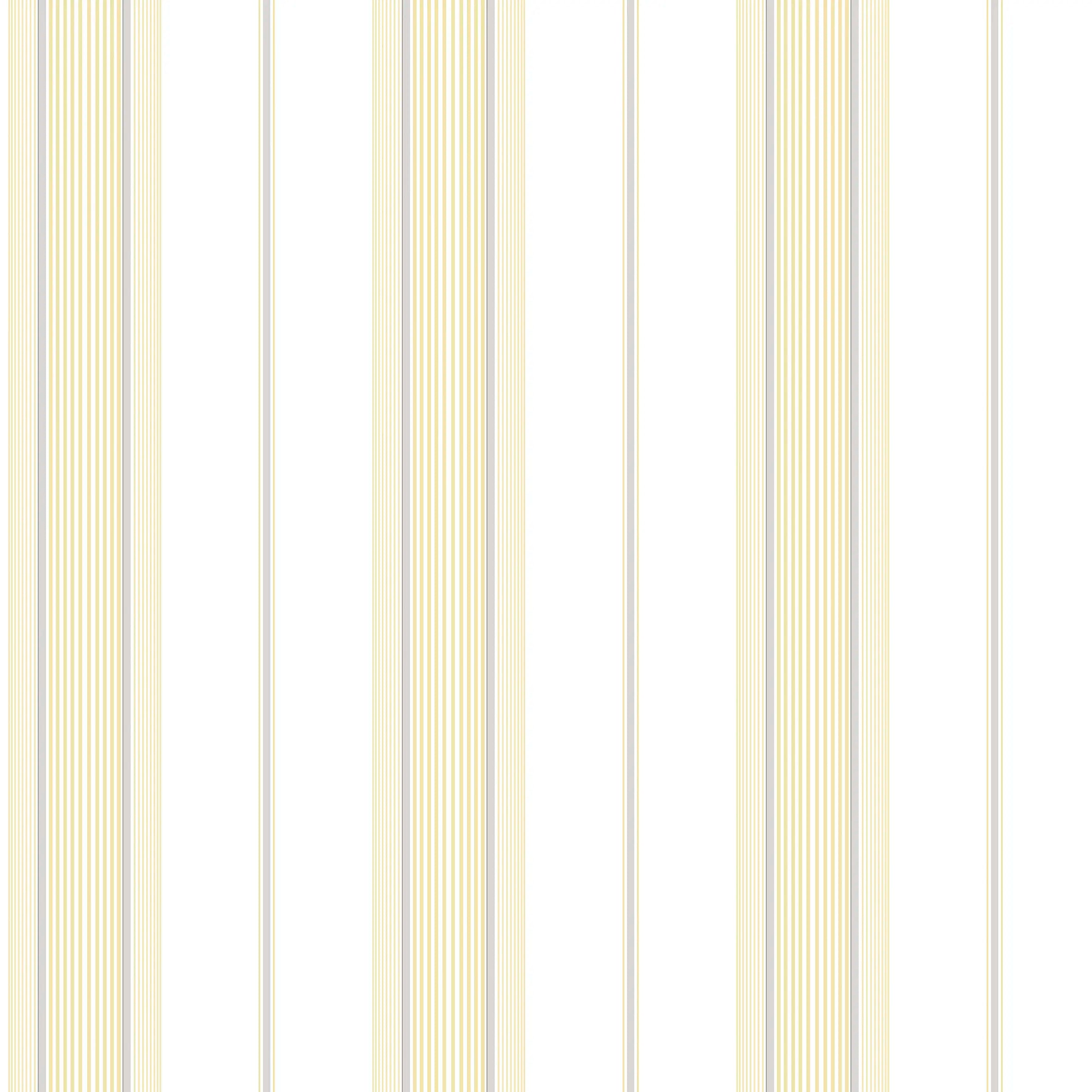 Tæt op af tapetet Layered Stripes - Sunbeam, der viser gentagne lodrette striber i gule og neutrale toner.