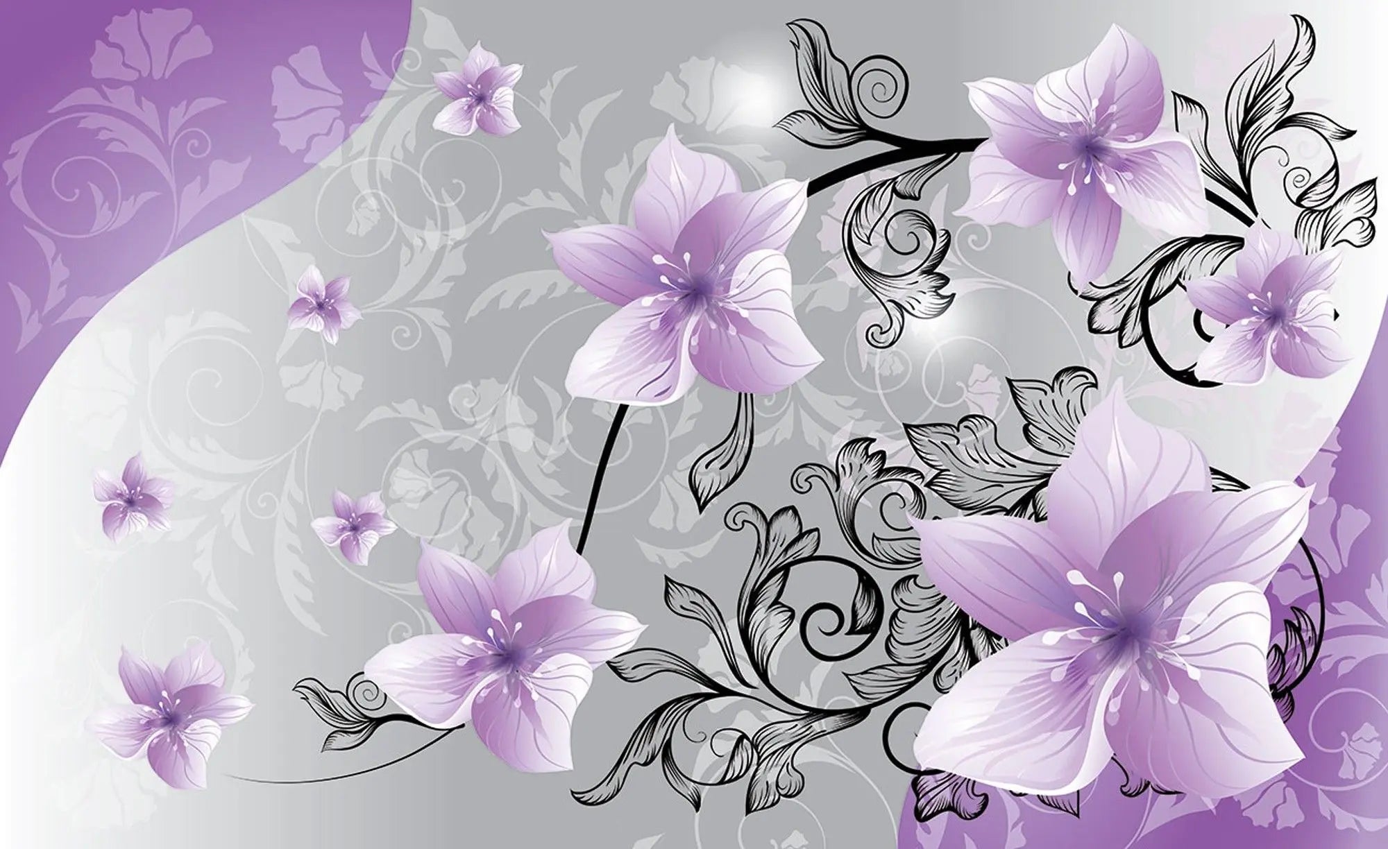 Billede 1 af Fototapet - Lilla blomster med sort vintage mønster på grå baggrund