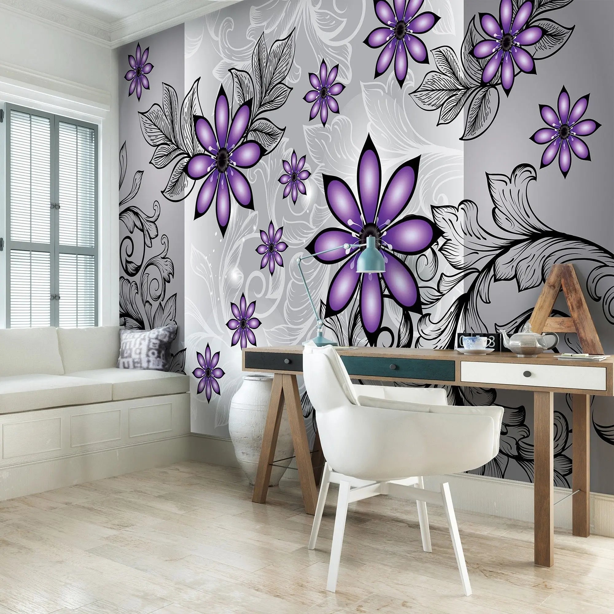 Billede 5 af Fototapet - Lilla blomster med sorte blade på gråt mønstret baggrund