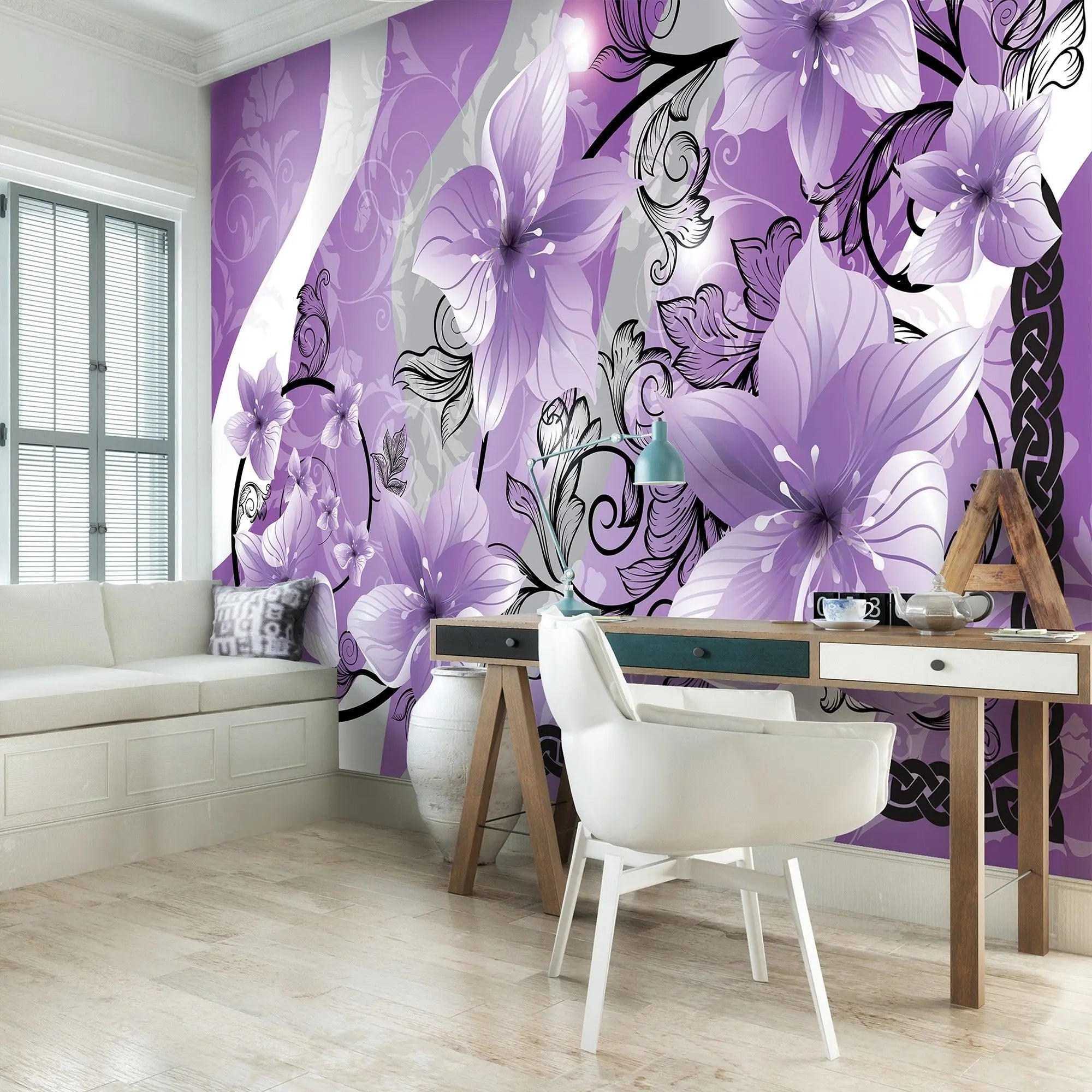 Billede 5 af Fototapet - Lilla blomster med sorte snirkler på lilla og grå baggrund