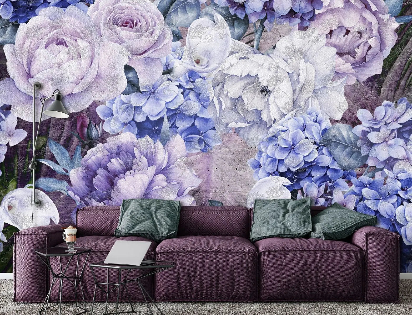 Billede 4 af Fototapet - Lilla og hvide blomster med hortensiaer og roser