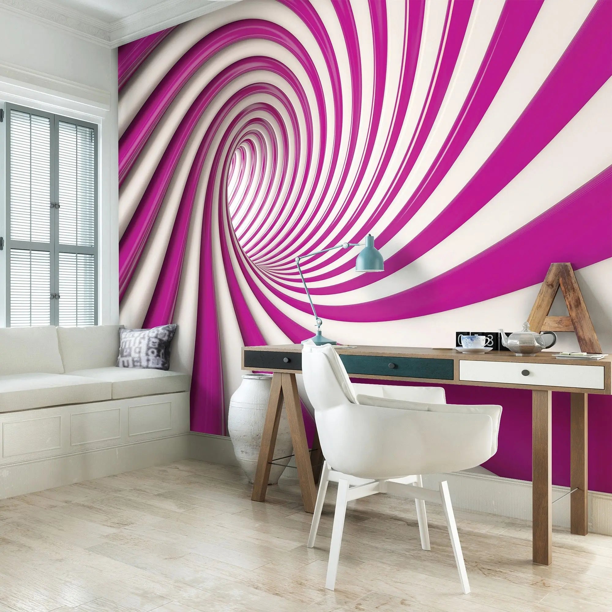 Billede 3 af Fototapet - Lyserød og hvidt spiralformet abstrakt mønster