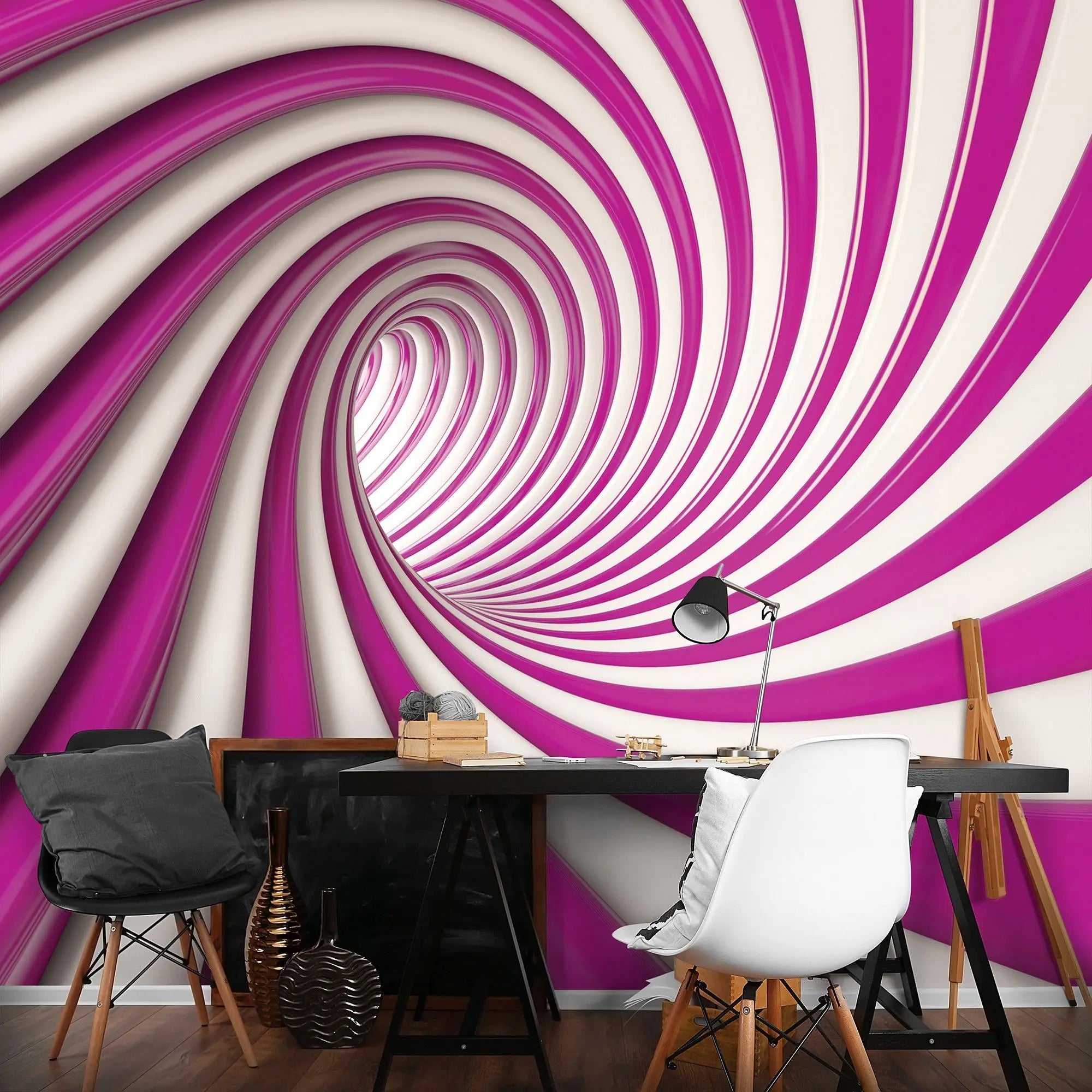 Billede 5 af Fototapet - Lyserød og hvidt spiralformet abstrakt mønster
