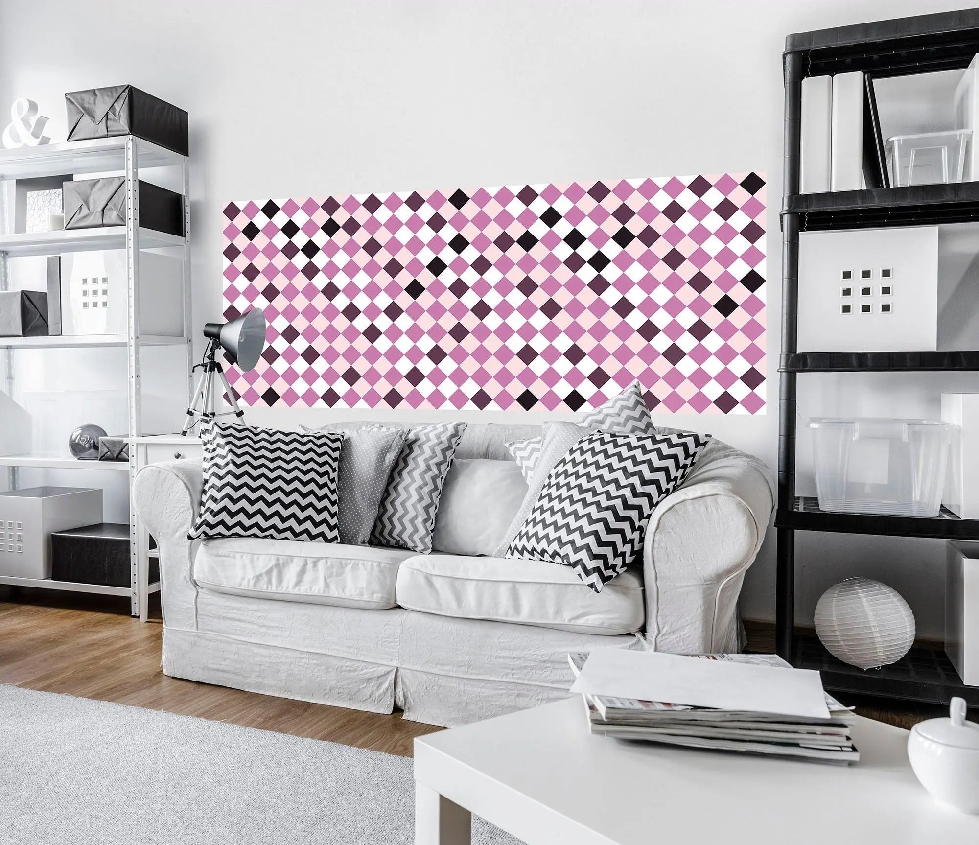 Billede 5 af Fototapet - Lyserød og lilla harlekinternet med hvide felter