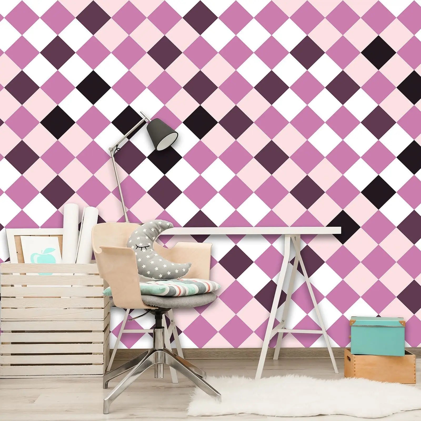Billede 7 af Fototapet - Lyserød og lilla harlekinternet med hvide felter