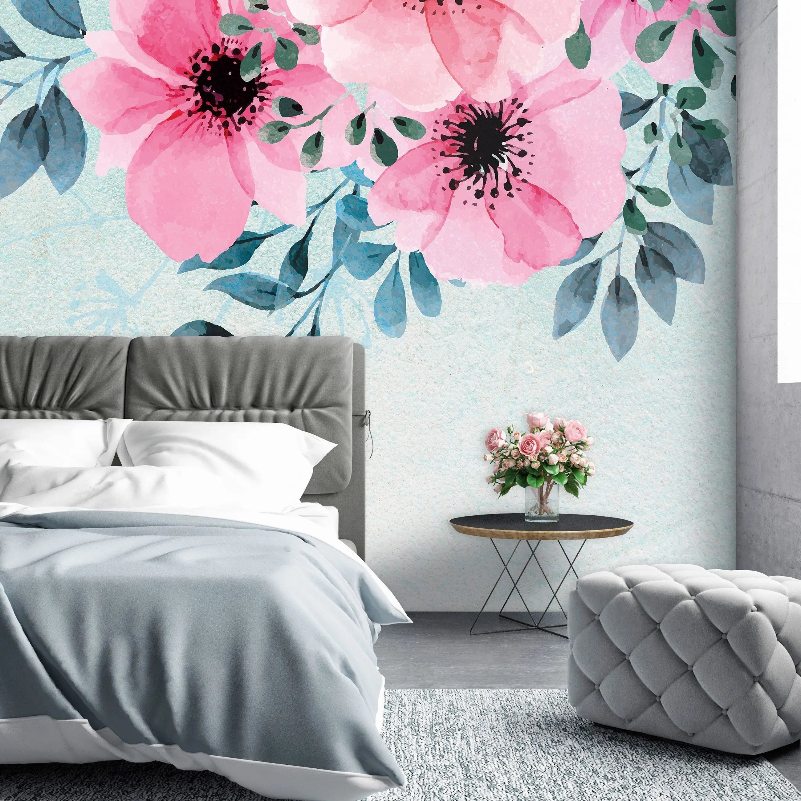 Billede 6 af Fototapet - Lyserøde blomster med blågrønne blade på lys blå baggrund