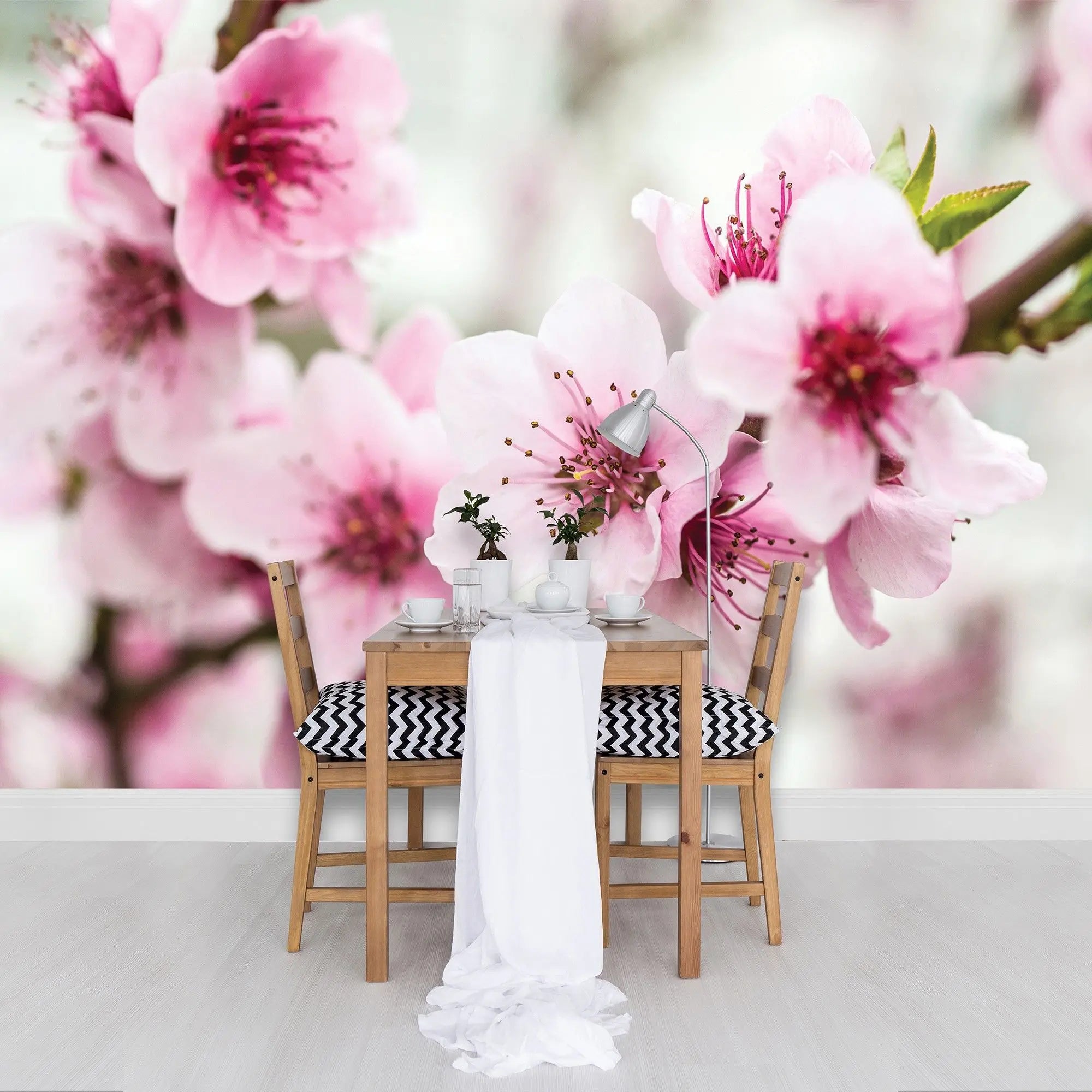 Billede 3 af Fototapet - Lyserøde kirsebærblomster på gren