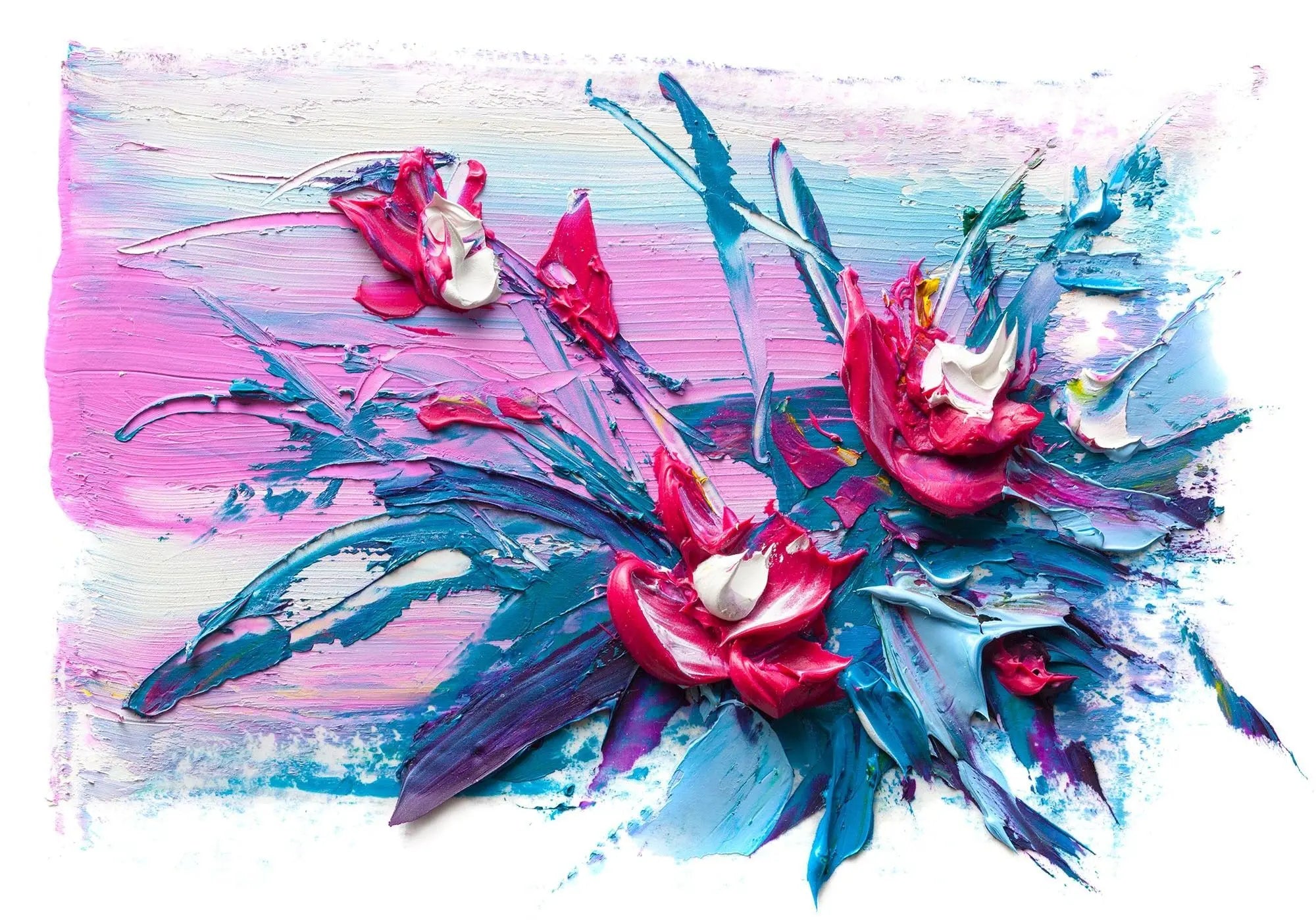 Billede 1 af Fototapet - Lyserøde og blå abstrakte blomster i olie på lærred