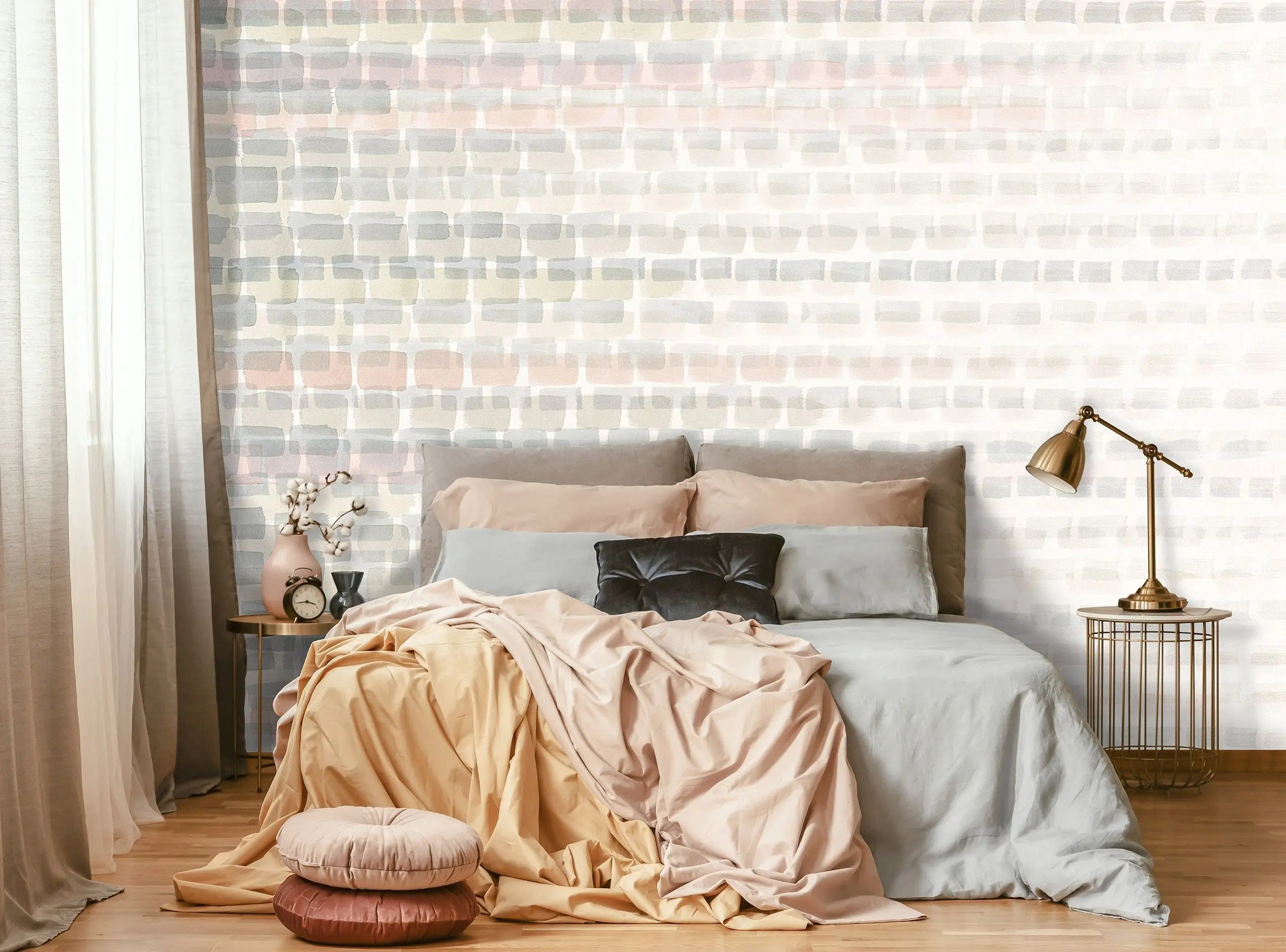 Billede 3 af Fototapet - Lyst vandret murstensmønster i beige og grå toner