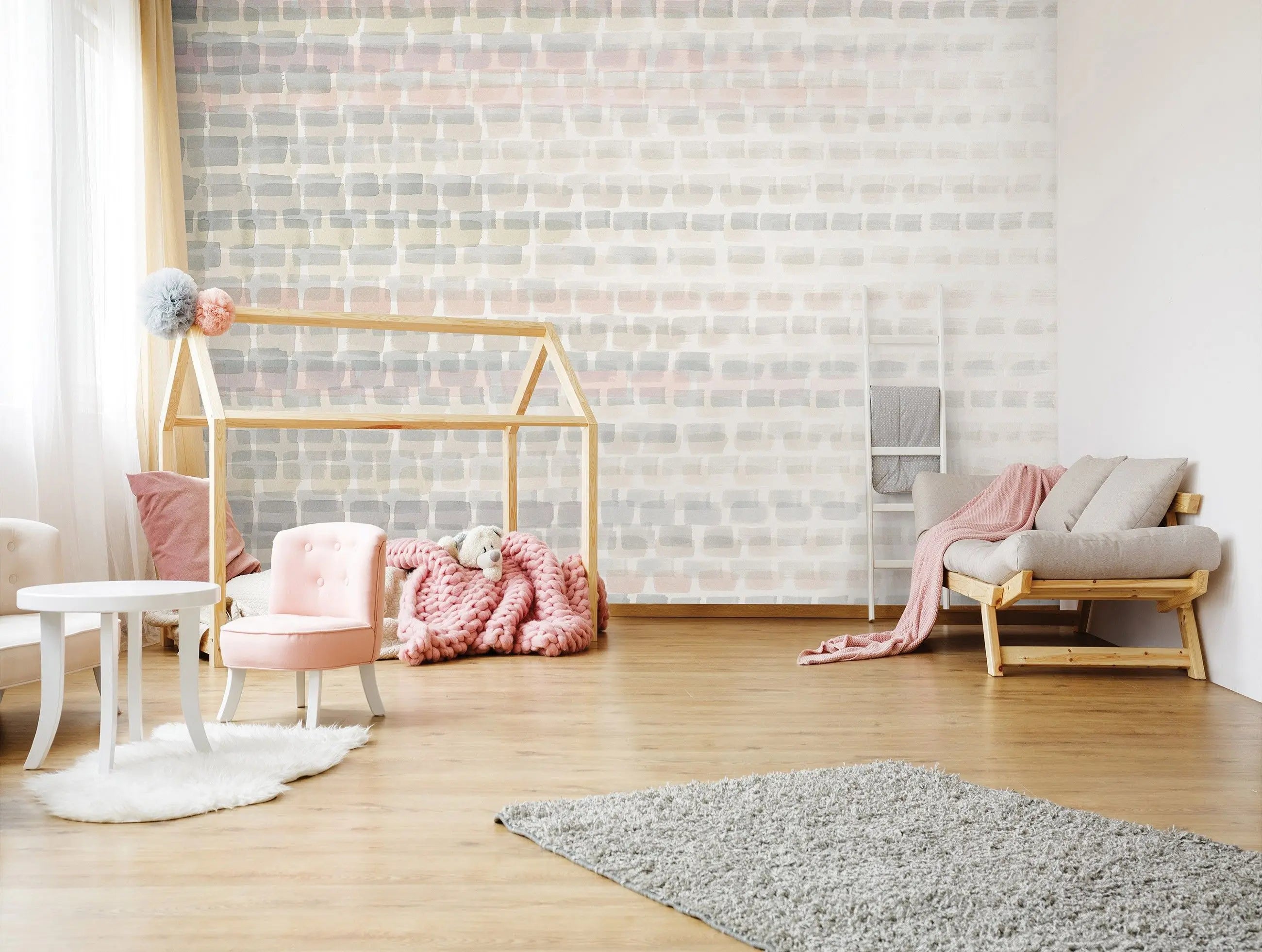 Billede 5 af Fototapet - Lyst vandret murstensmønster i beige og grå toner