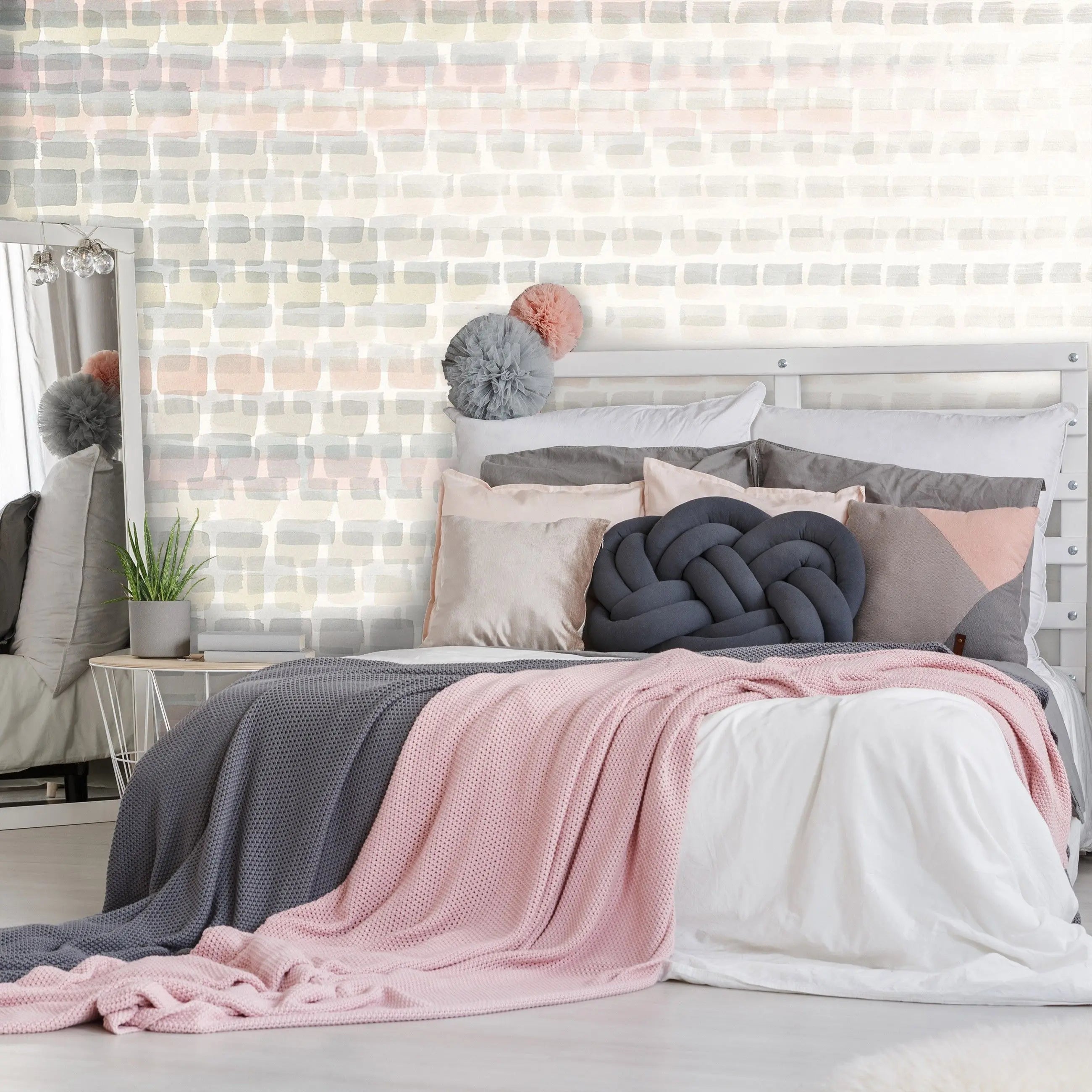Billede 6 af Fototapet - Lyst vandret murstensmønster i beige og grå toner