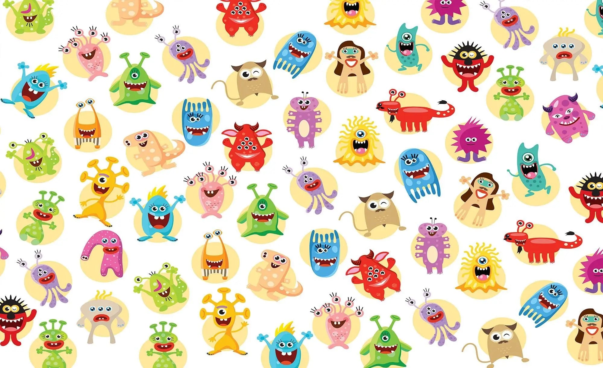 Billede 1 af Fototapet - Mange Flerfarvede Tegneseriemonstre på Hvid Baggrund