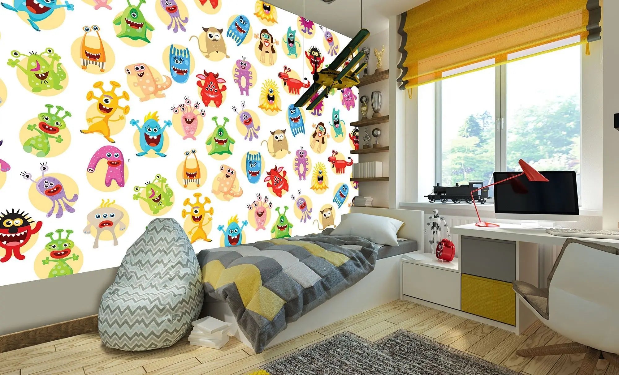 Billede 2 af Fototapet - Mange Flerfarvede Tegneseriemonstre på Hvid Baggrund