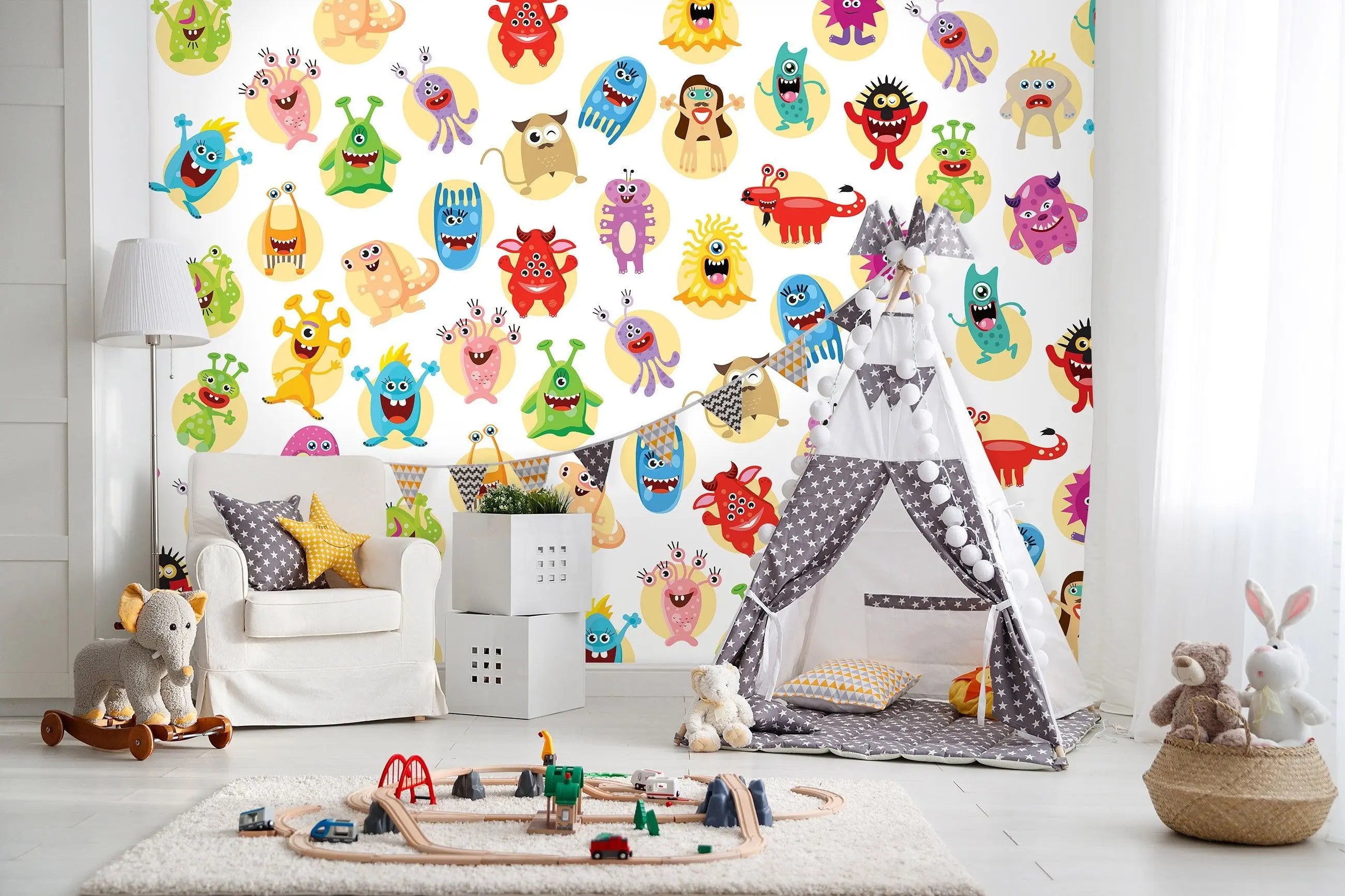 Billede 7 af Fototapet - Mange Flerfarvede Tegneseriemonstre på Hvid Baggrund