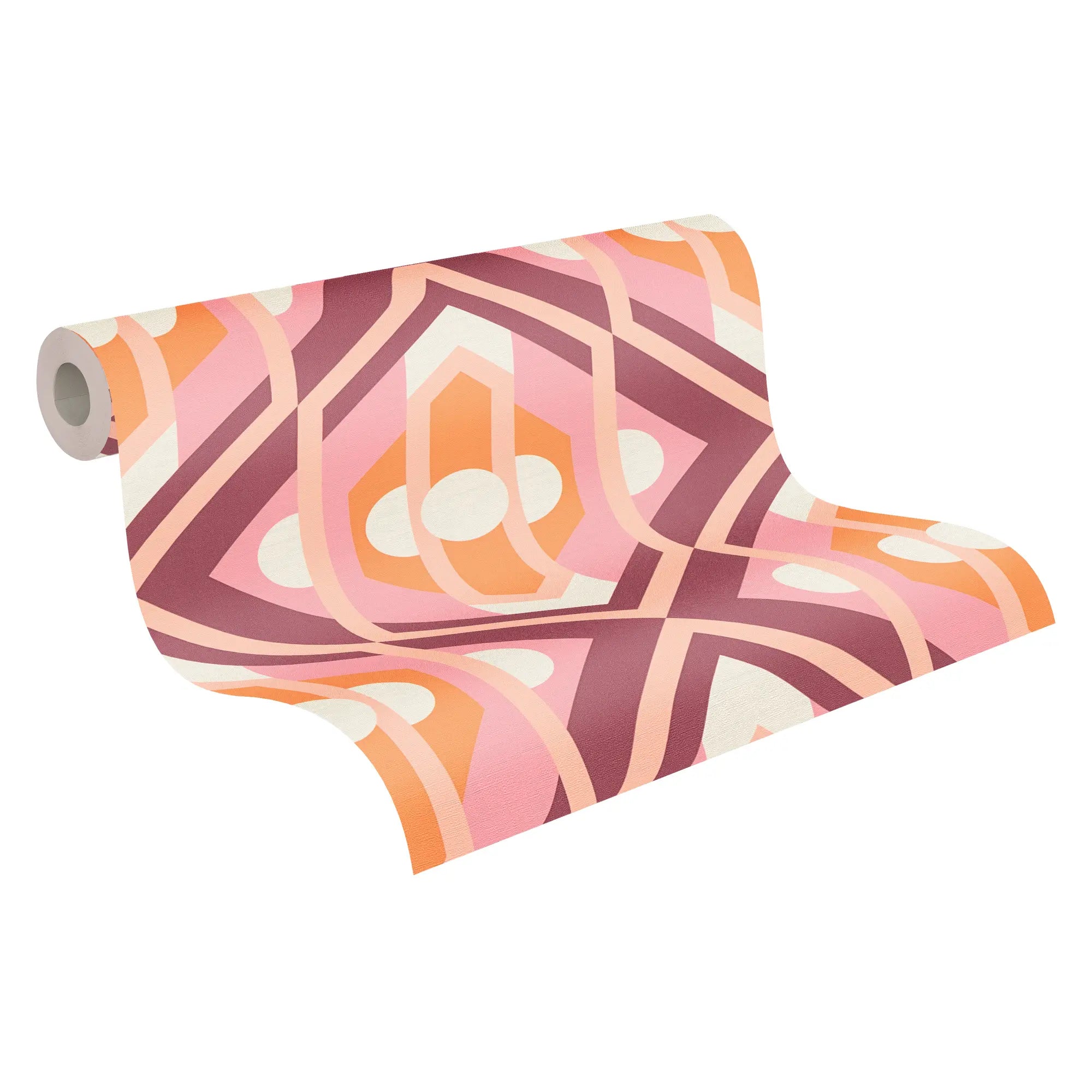 Rulle af tapet med navnet Margaret - Blush Nectar viser det dekorative geometriske mønster i nuancer af lyserød og orange.