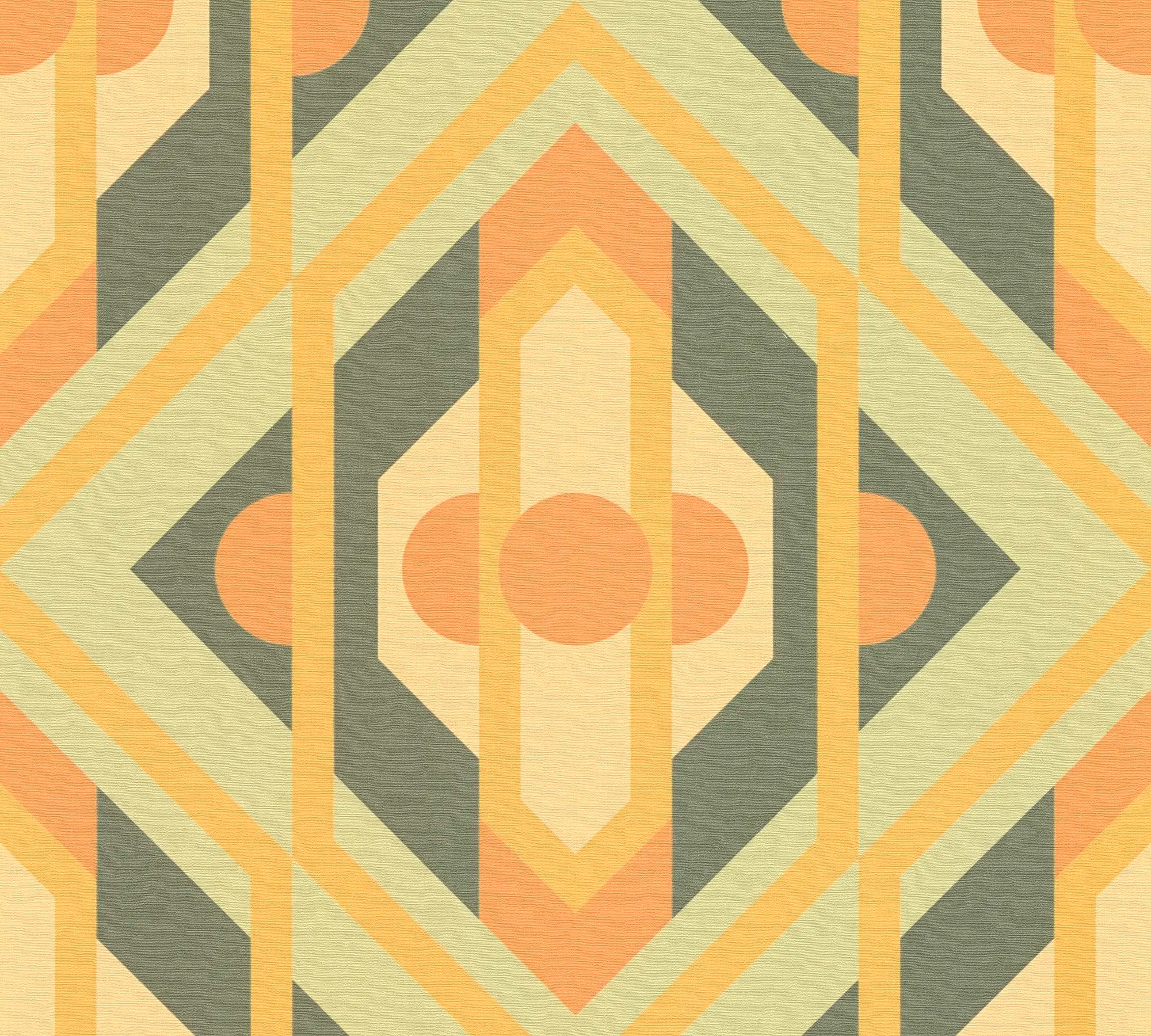 Tapetdesign Margaret - Olive Citrus med et abstrakt geometrisk mønster i oliven og citrusfarver.