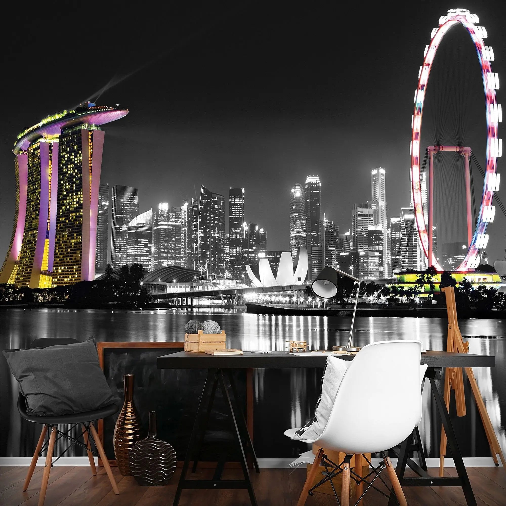 Billede 5 af Fototapet - Marina Bay Sands og Singapore Flyer om natten