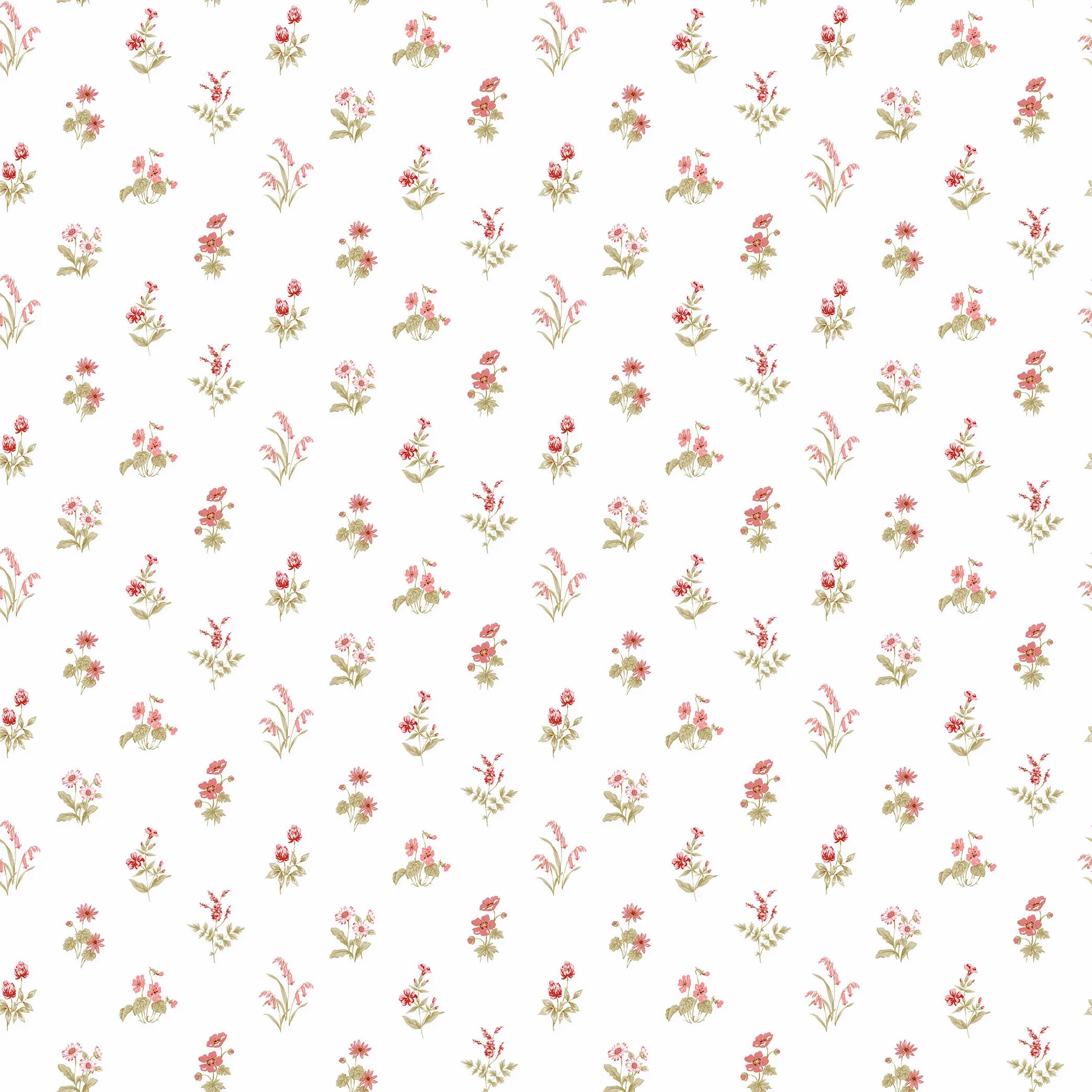 Detaljeret tapetmønster af Meadow Breeze - Blossom Pink fra Nicetapet.dk med små blomster i lyserøde nuancer på hvid baggrund.