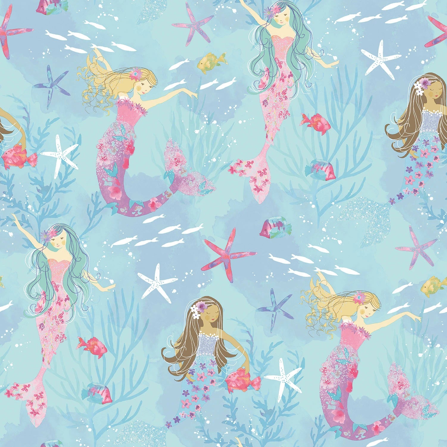 Detaljeret billede af Mermaid Mysteries - Aqua Splash tapet med levende illustrationer af havfruer, fisk og stjerner i et blåt undervands tema fra Nicetapet.dk.