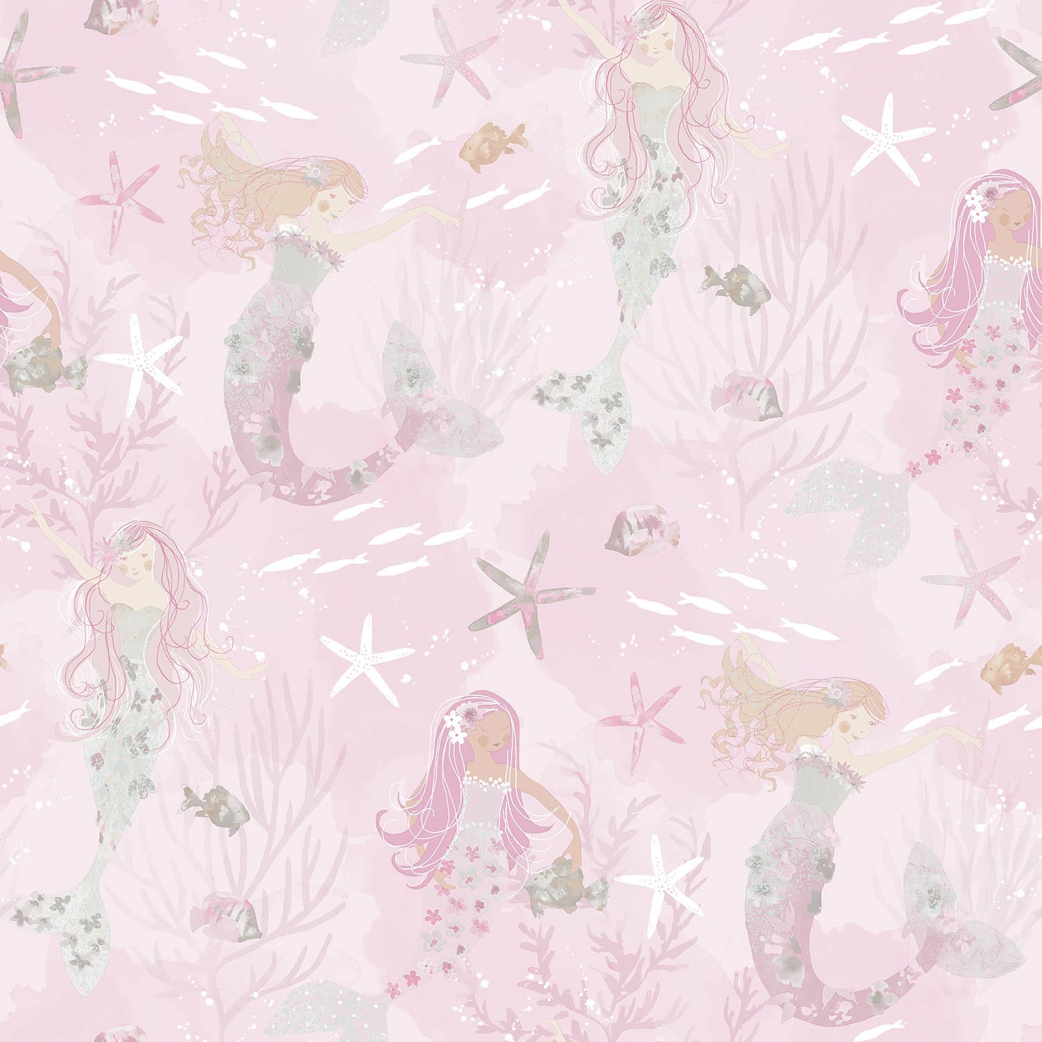 Tapetdetalje fra Nicetapet.dk's Mermaid Mysteries - Coral Pink, der viser havfruer omgivet af fisk, søstjerner og koraller i en blød pink farveskala.