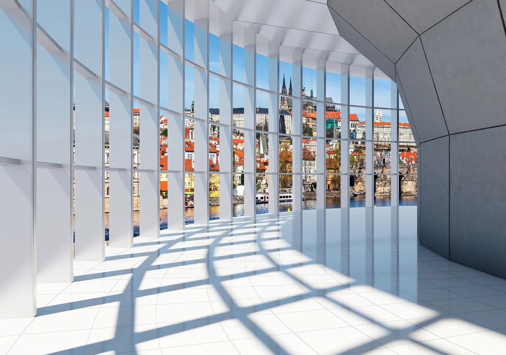 Billede 1 af Fototapet - Moderne interiør med stor glasvæg og udsigt til Prag