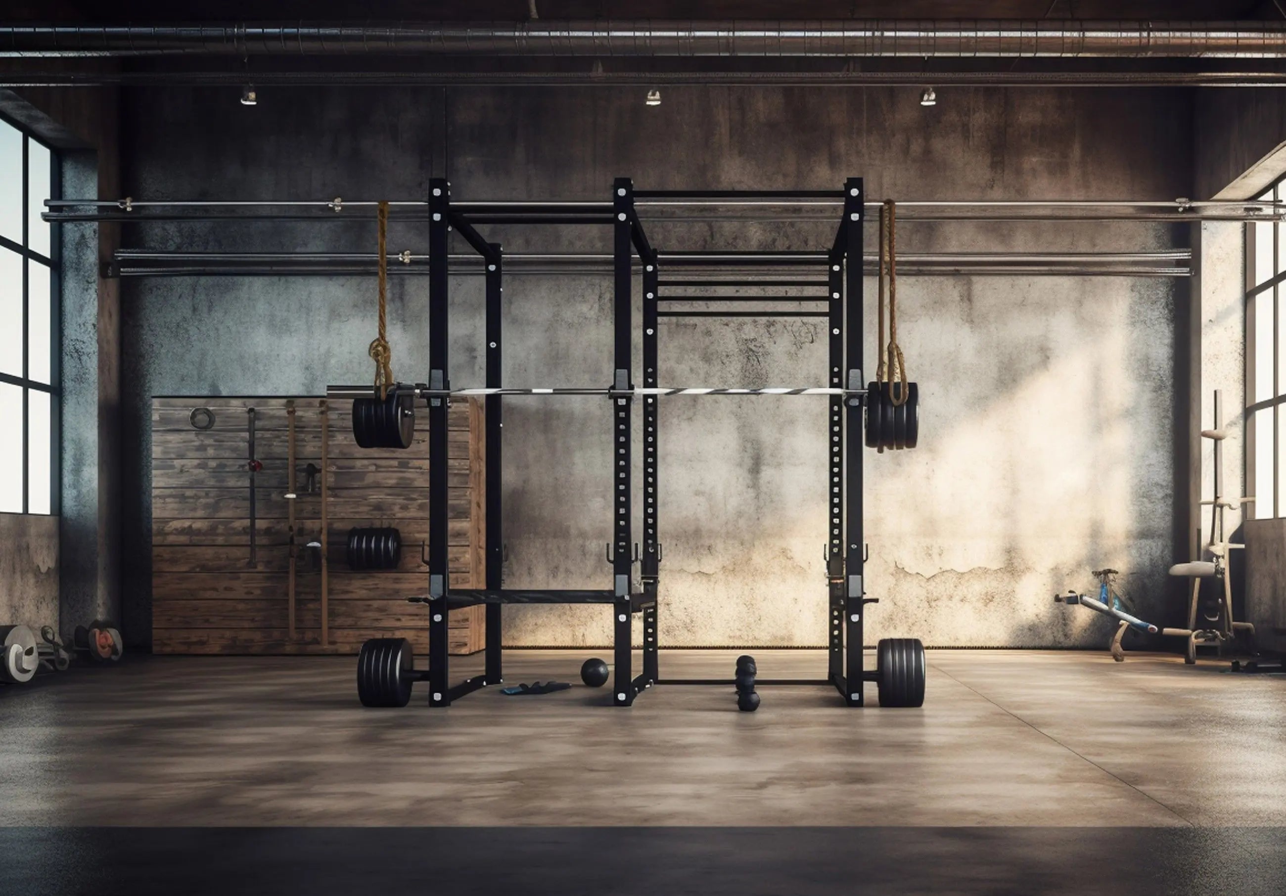 Billede 1 af Fototapet - Moderne træningslokale med sort squatrack og vægtskiver