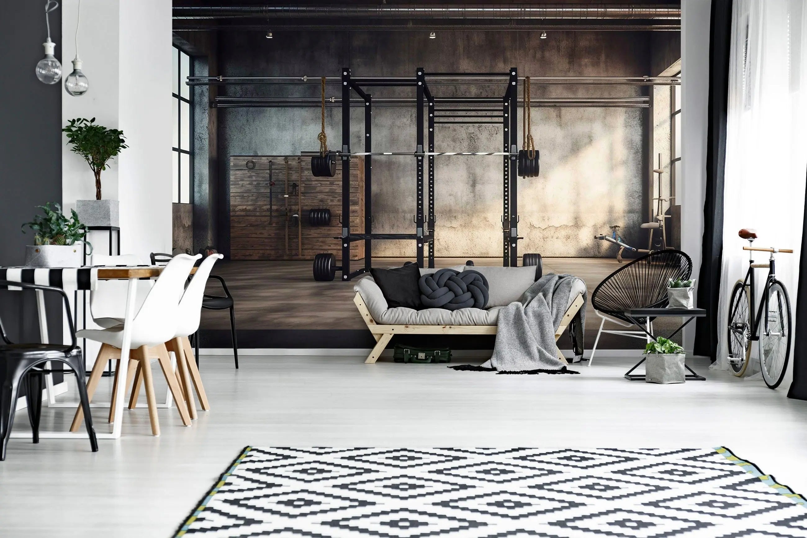 Billede 3 af Fototapet - Moderne træningslokale med sort squatrack og vægtskiver