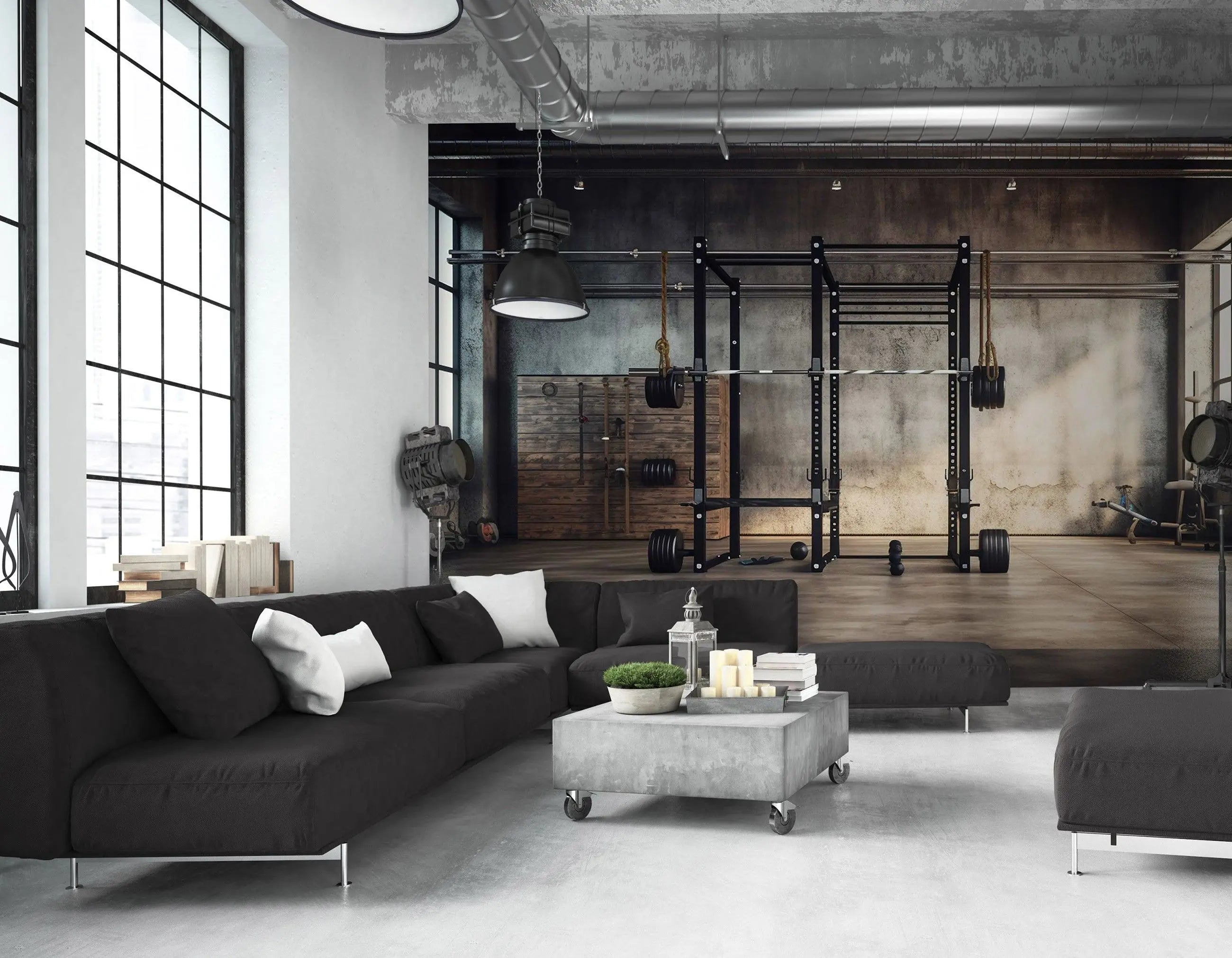 Billede 4 af Fototapet - Moderne træningslokale med sort squatrack og vægtskiver