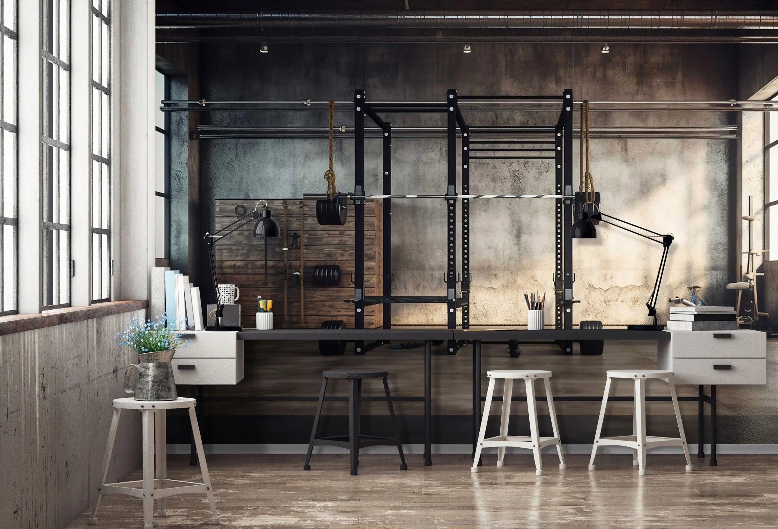 Billede 5 af Fototapet - Moderne træningslokale med sort squatrack og vægtskiver