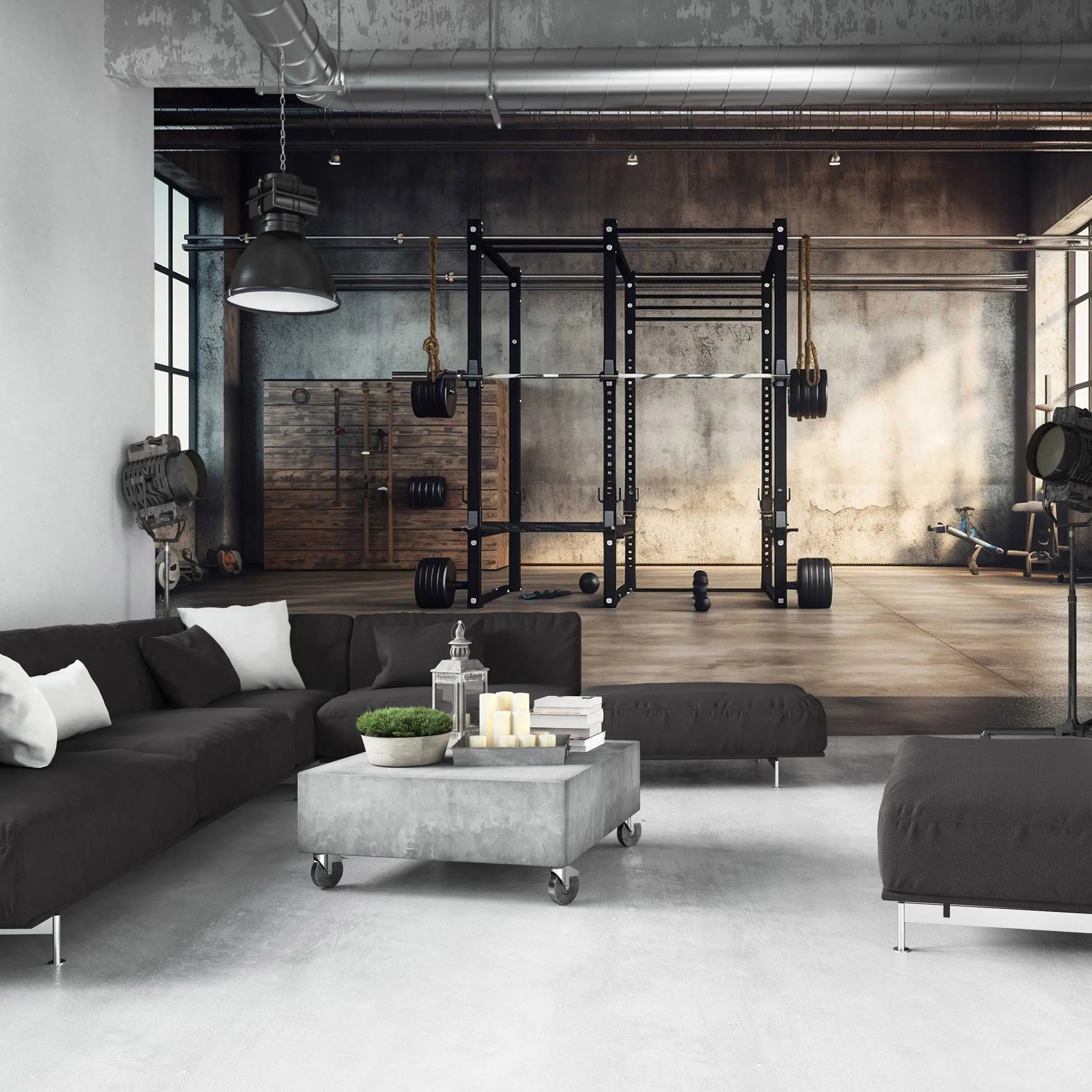 Billede 6 af Fototapet - Moderne træningslokale med sort squatrack og vægtskiver
