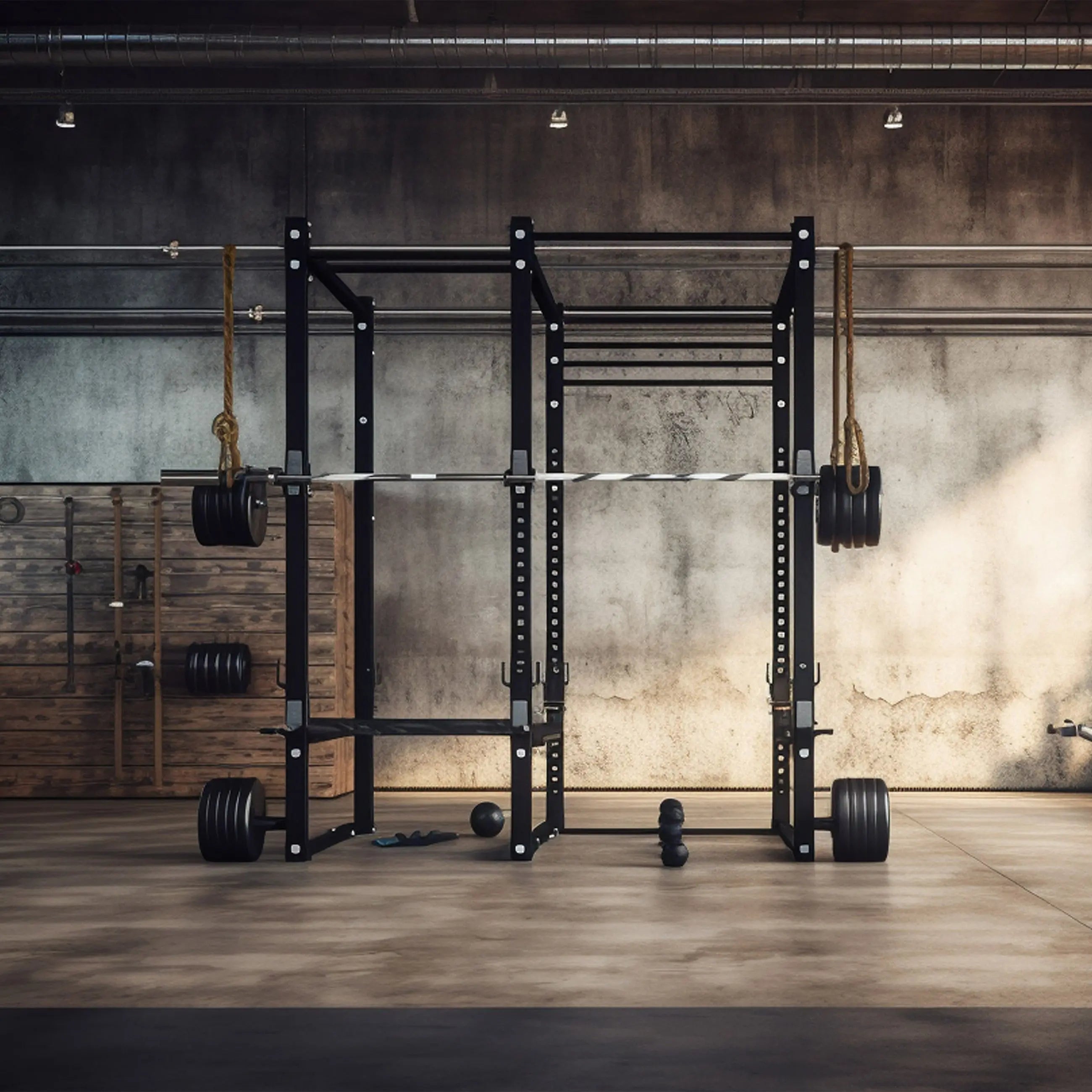 Billede 7 af Fototapet - Moderne træningslokale med sort squatrack og vægtskiver