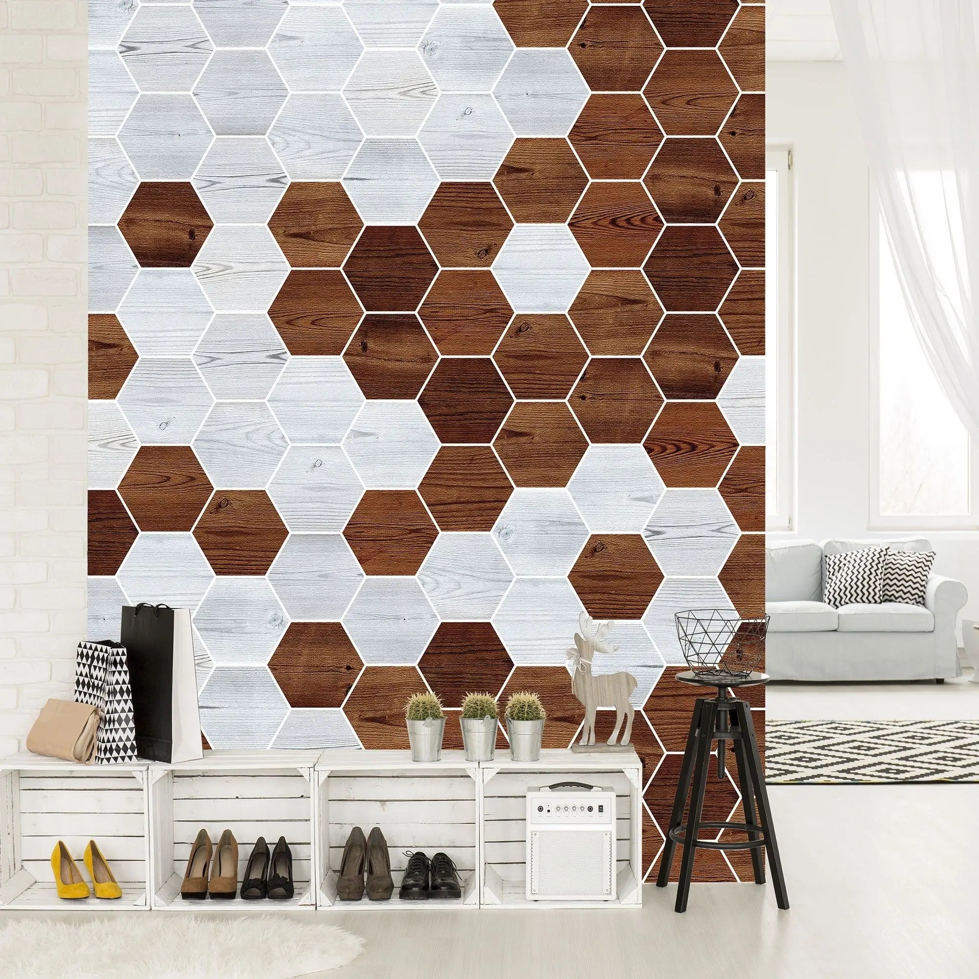 Billede 14 af Fototapet - Mønster af lyse og mørke træfarvede sekskanter