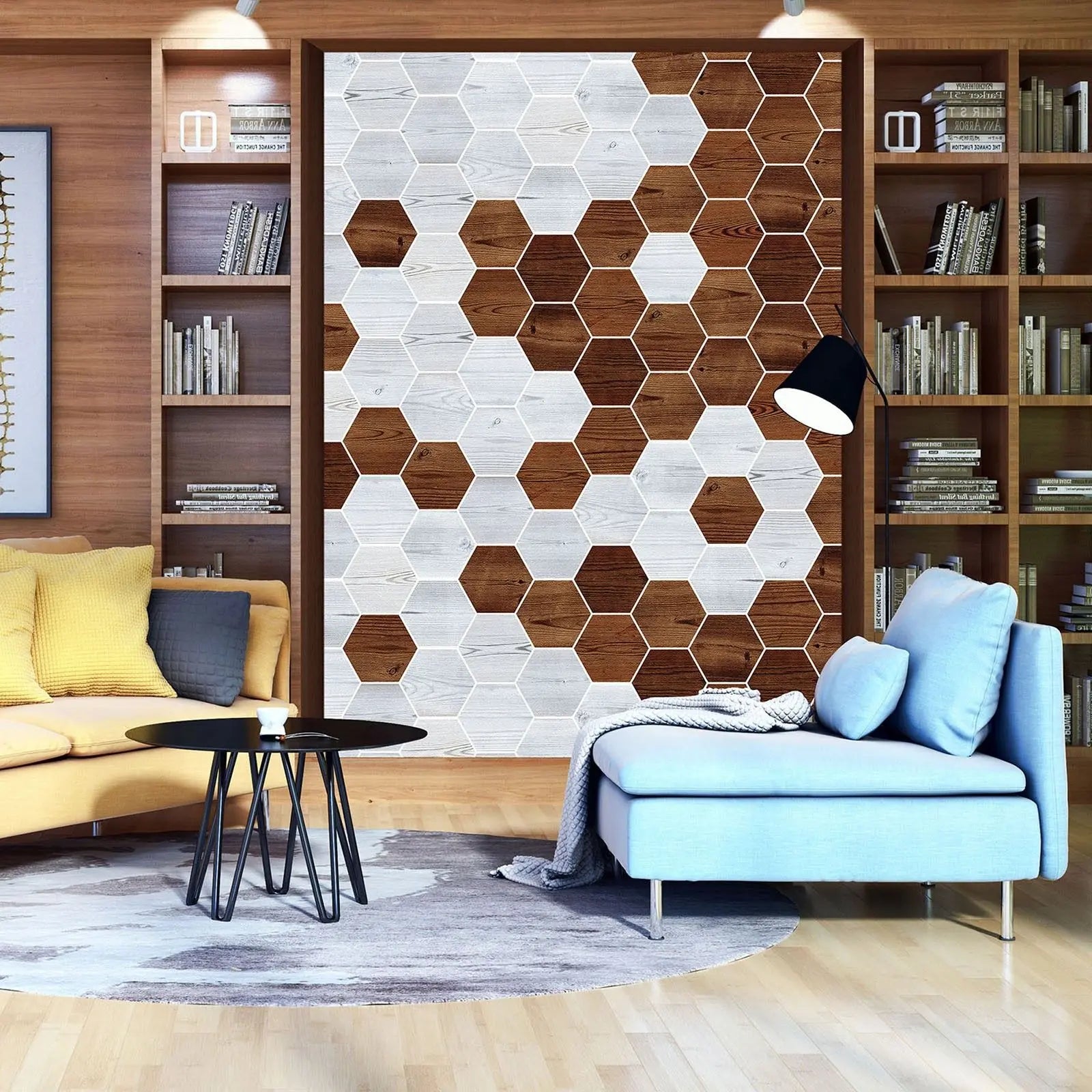 Billede 16 af Fototapet - Mønster af lyse og mørke træfarvede sekskanter