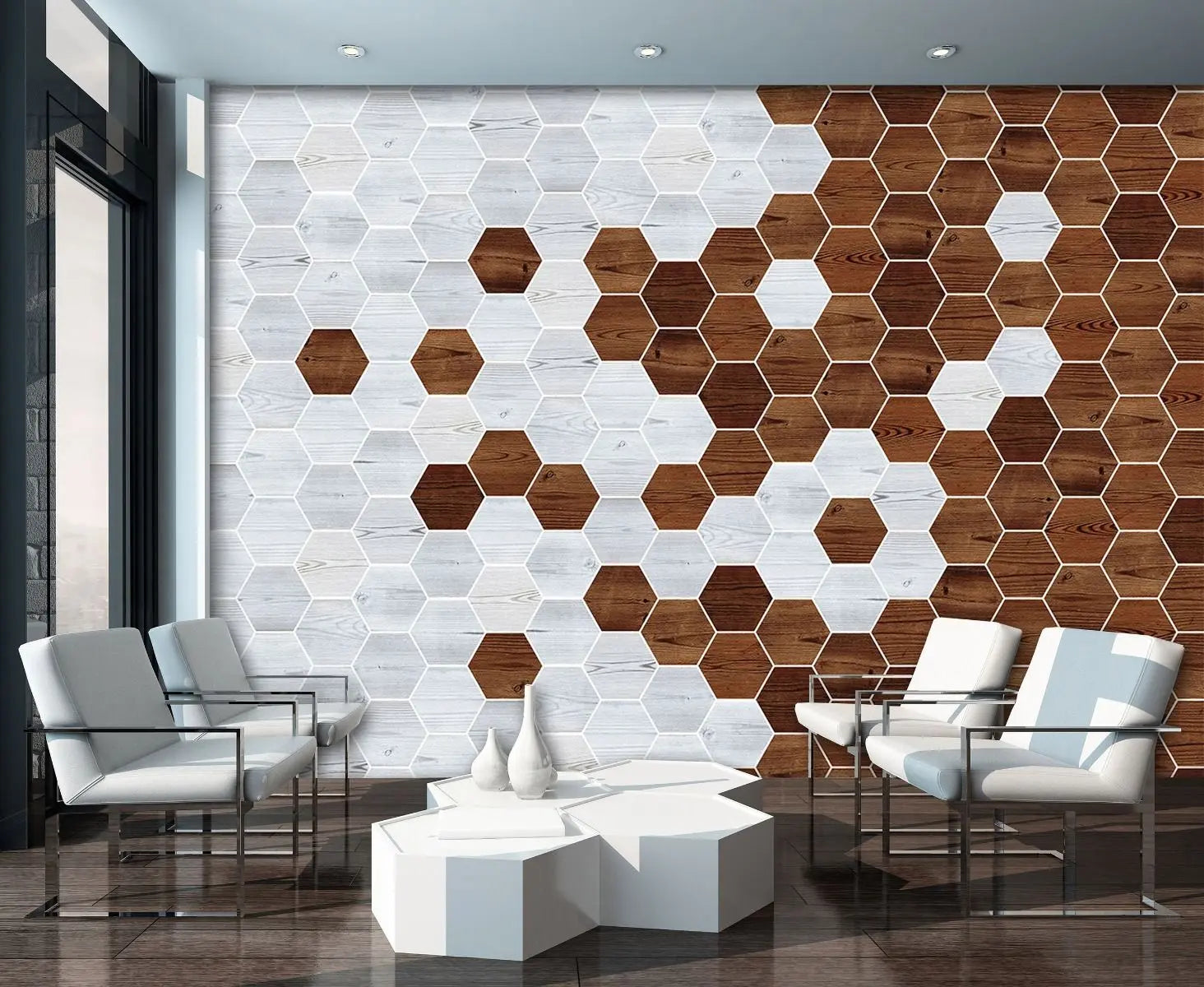 Billede 17 af Fototapet - Mønster af lyse og mørke træfarvede sekskanter