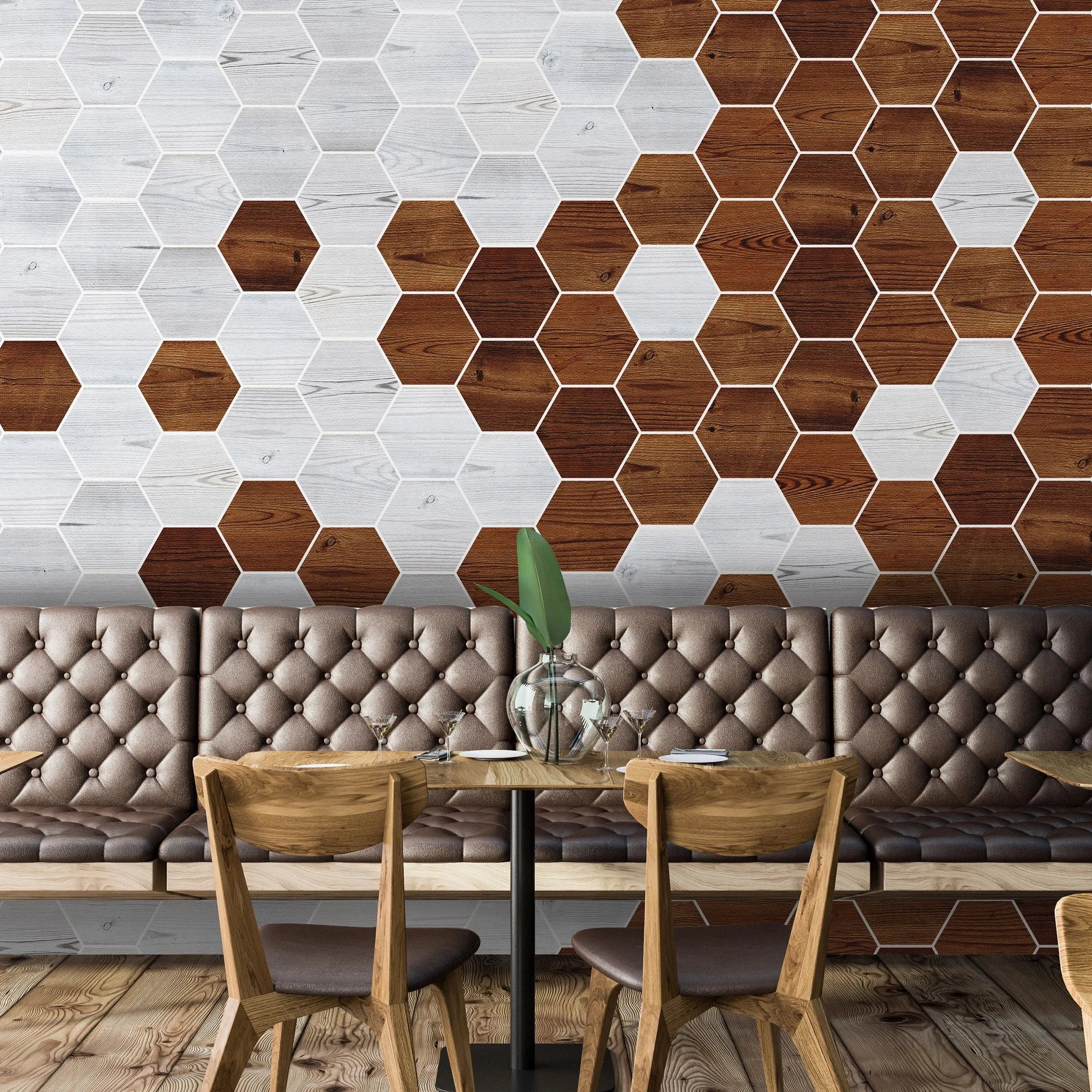 Billede 23 af Fototapet - Mønster af lyse og mørke træfarvede sekskanter