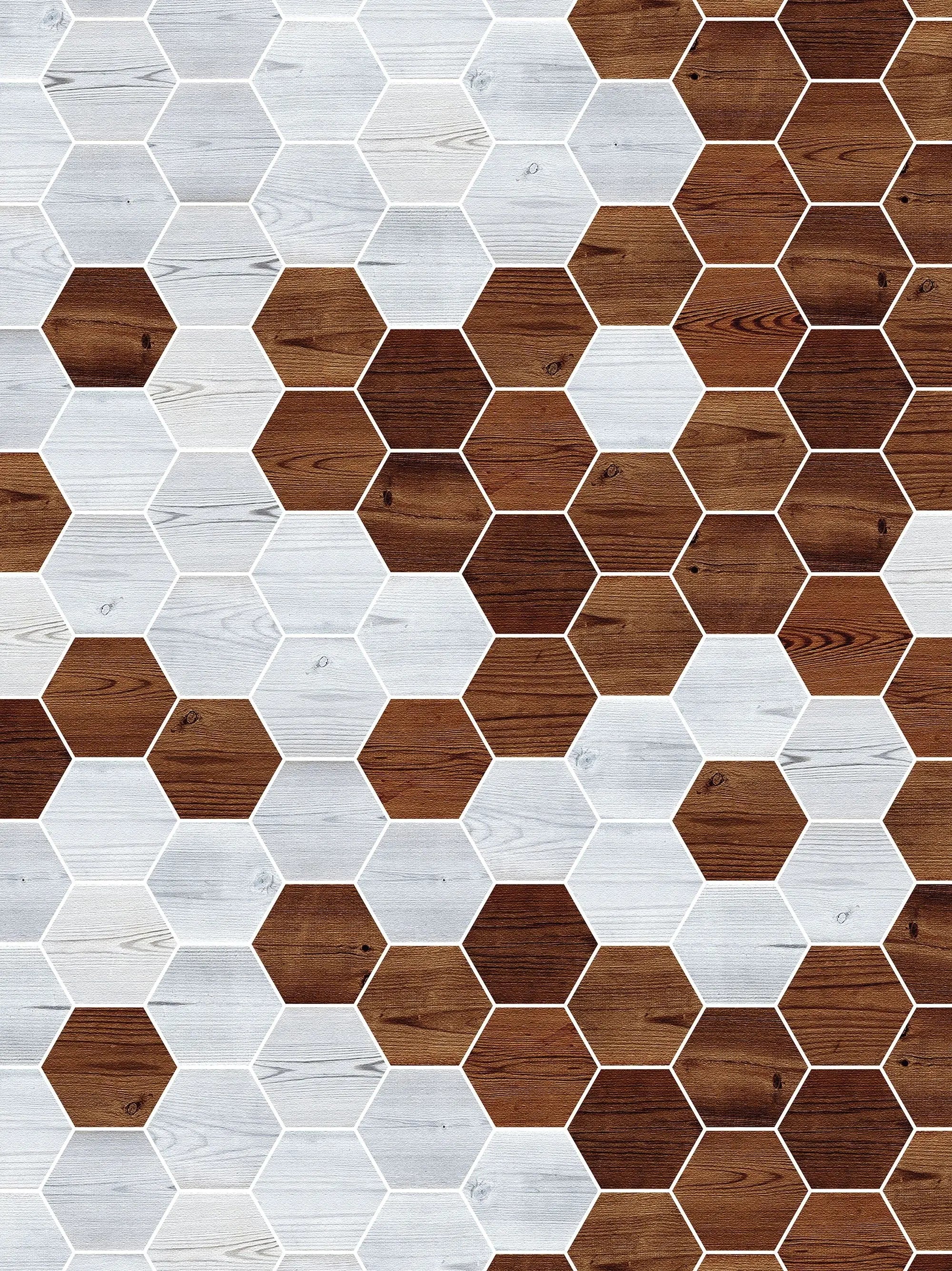 Billede 27 af Fototapet - Mønster af lyse og mørke træfarvede sekskanter