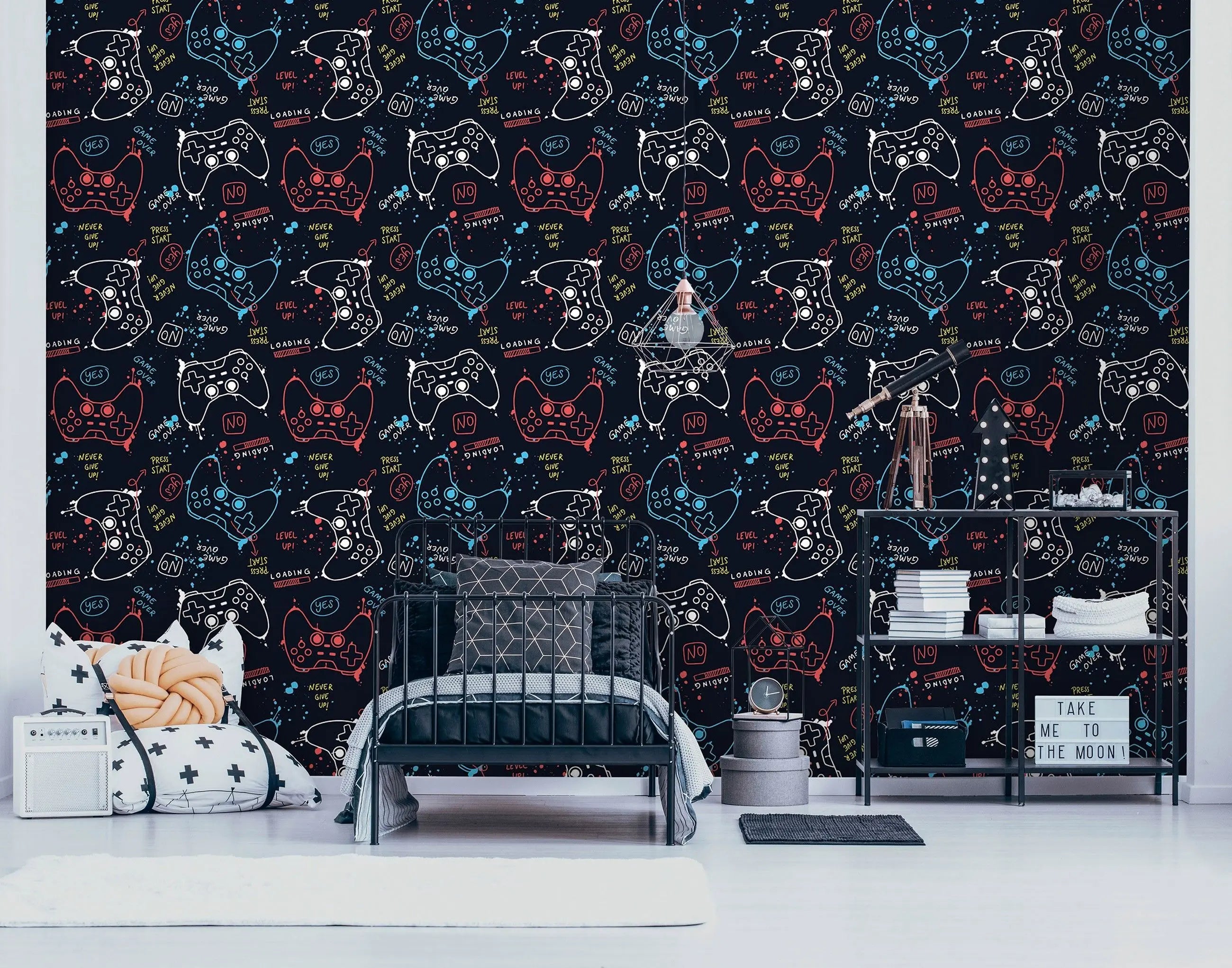 Billede 4 af Fototapet - Mønster med farverige spillecontrollere på sort baggrund