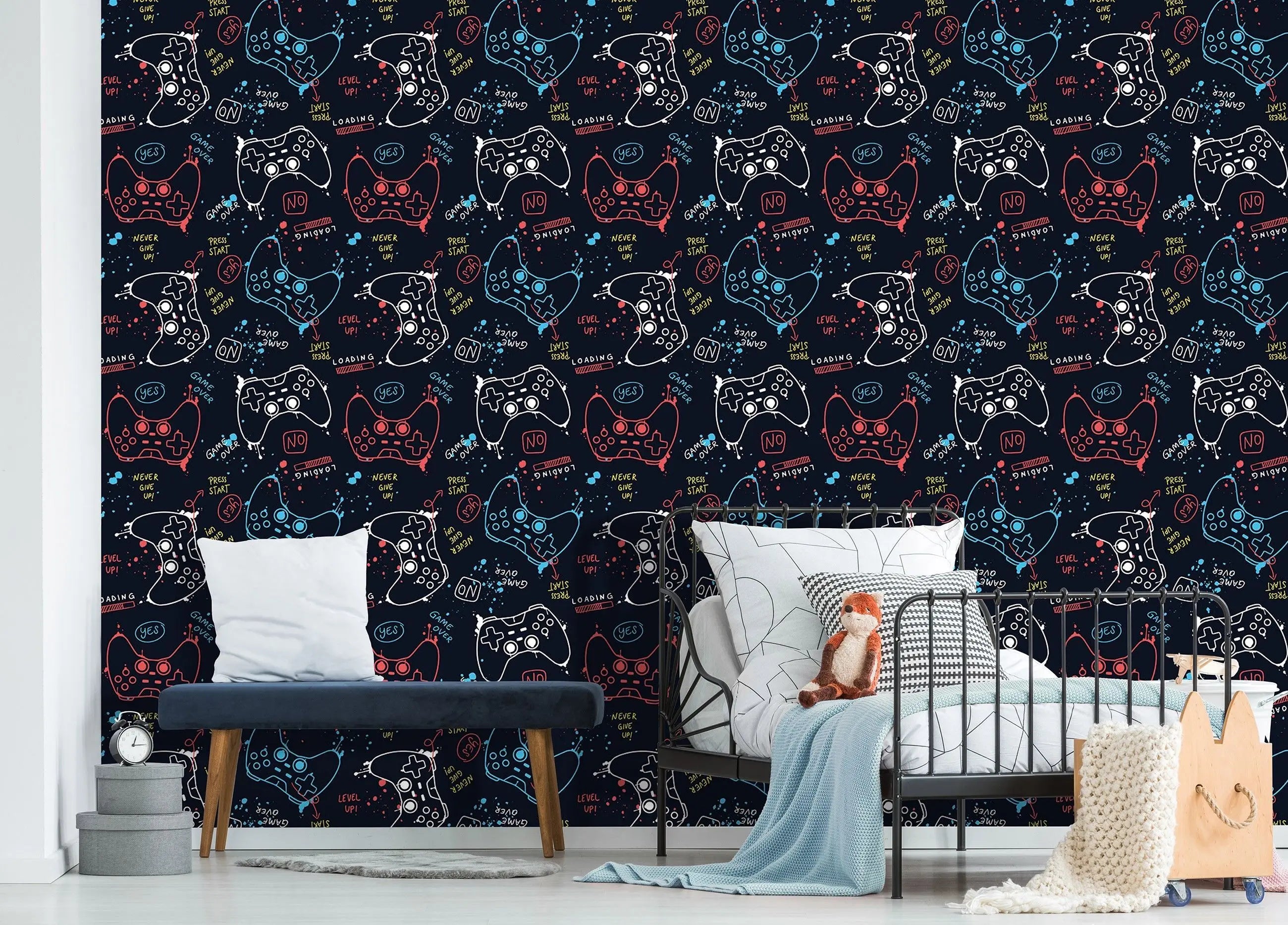 Billede 5 af Fototapet - Mønster med farverige spillecontrollere på sort baggrund