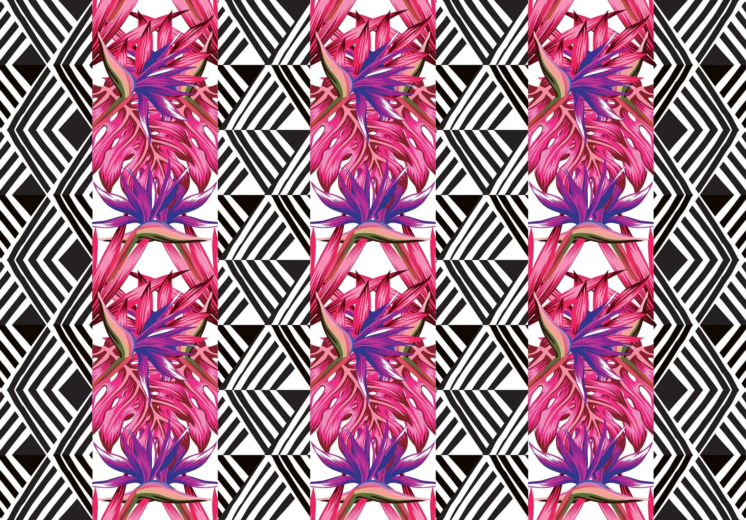 Billede 2 af Fototapet - Mønster med pink og lilla blomster og sort-hvide geometriske former