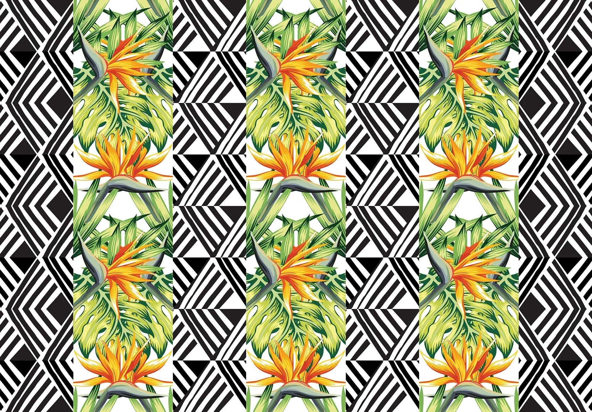 Billede 1 af Fototapet - Mønster med Strelitzia-blomster og sort-hvide geometriske former