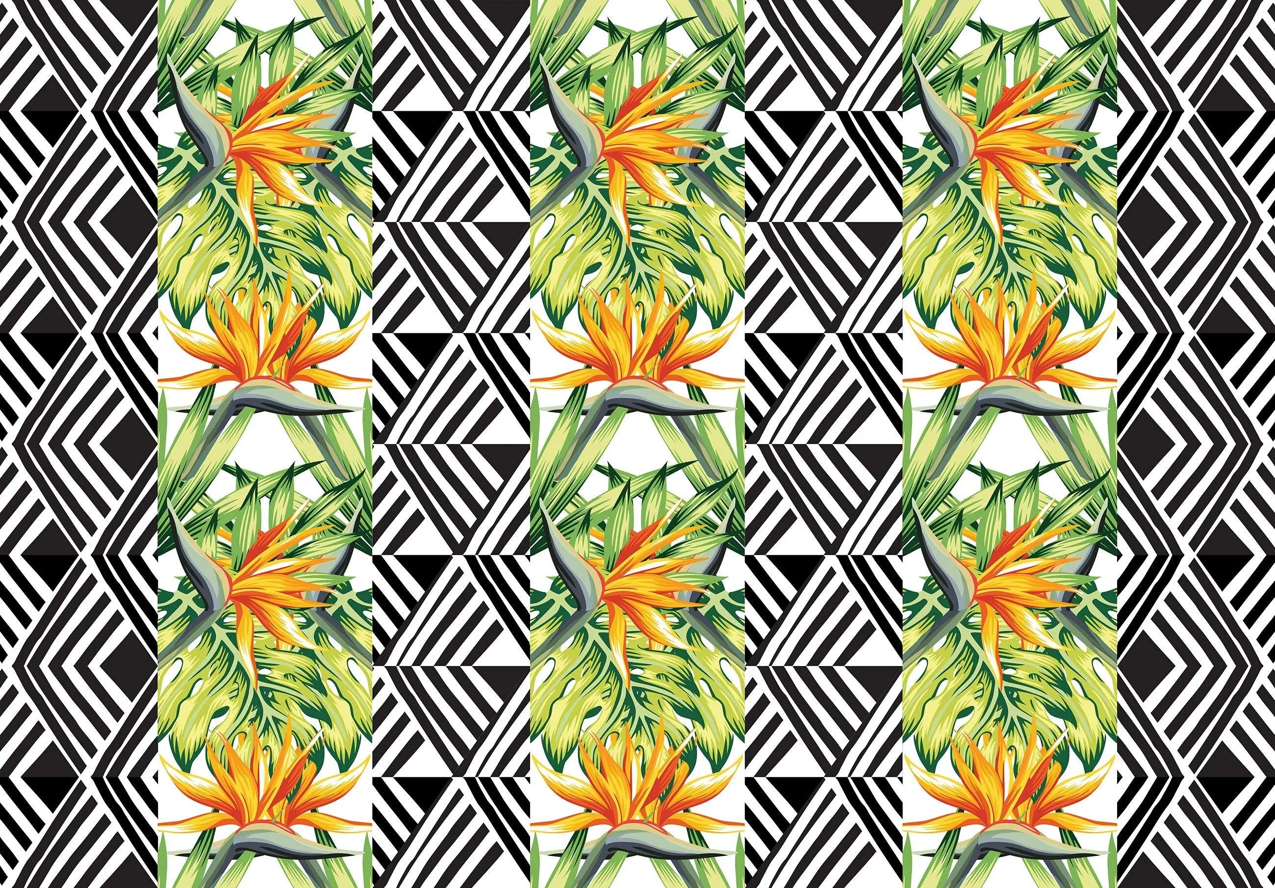 Billede 7 af Fototapet - Mønster med Strelitzia-blomster og sort-hvide geometriske former
