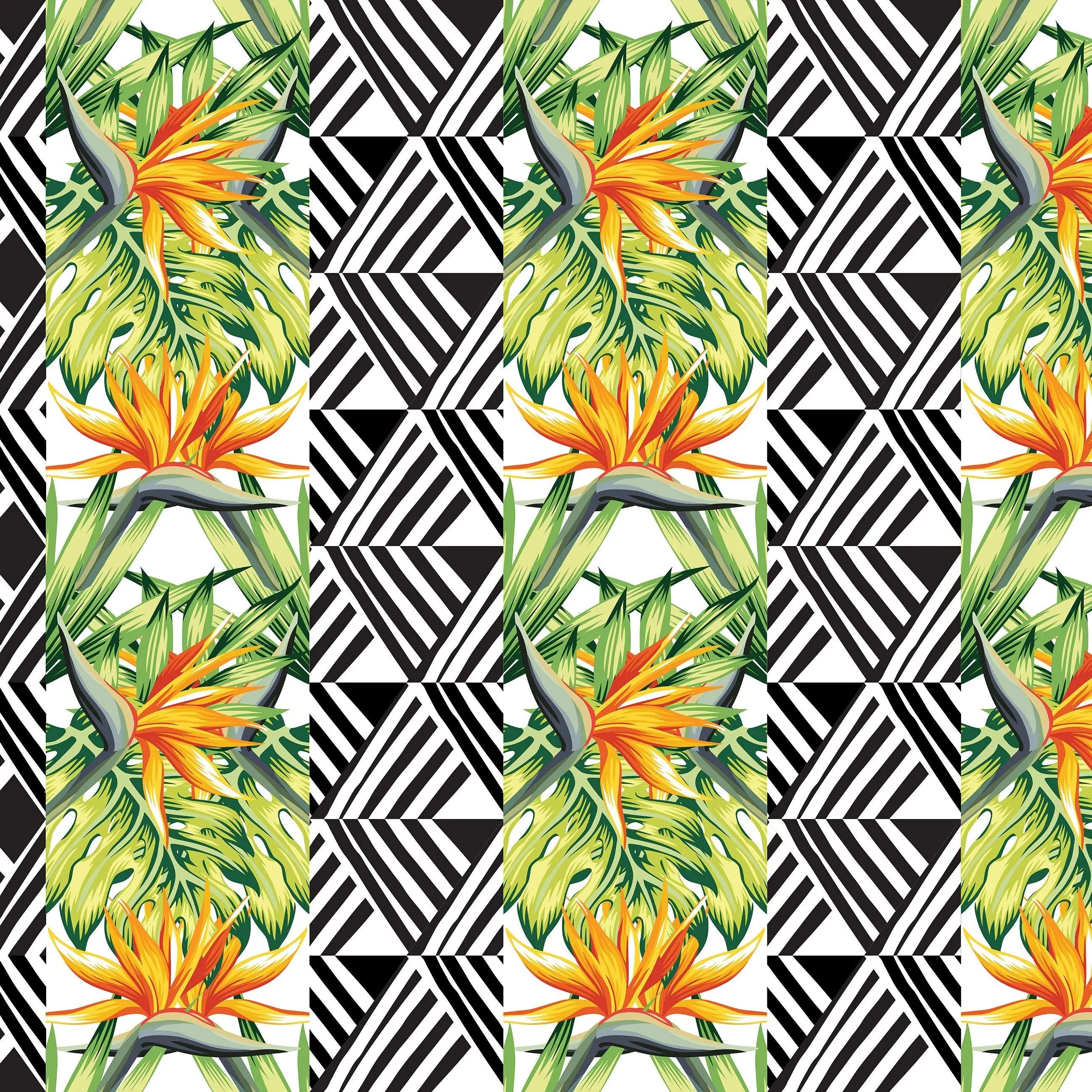 Billede 9 af Fototapet - Mønster med Strelitzia-blomster og sort-hvide geometriske former