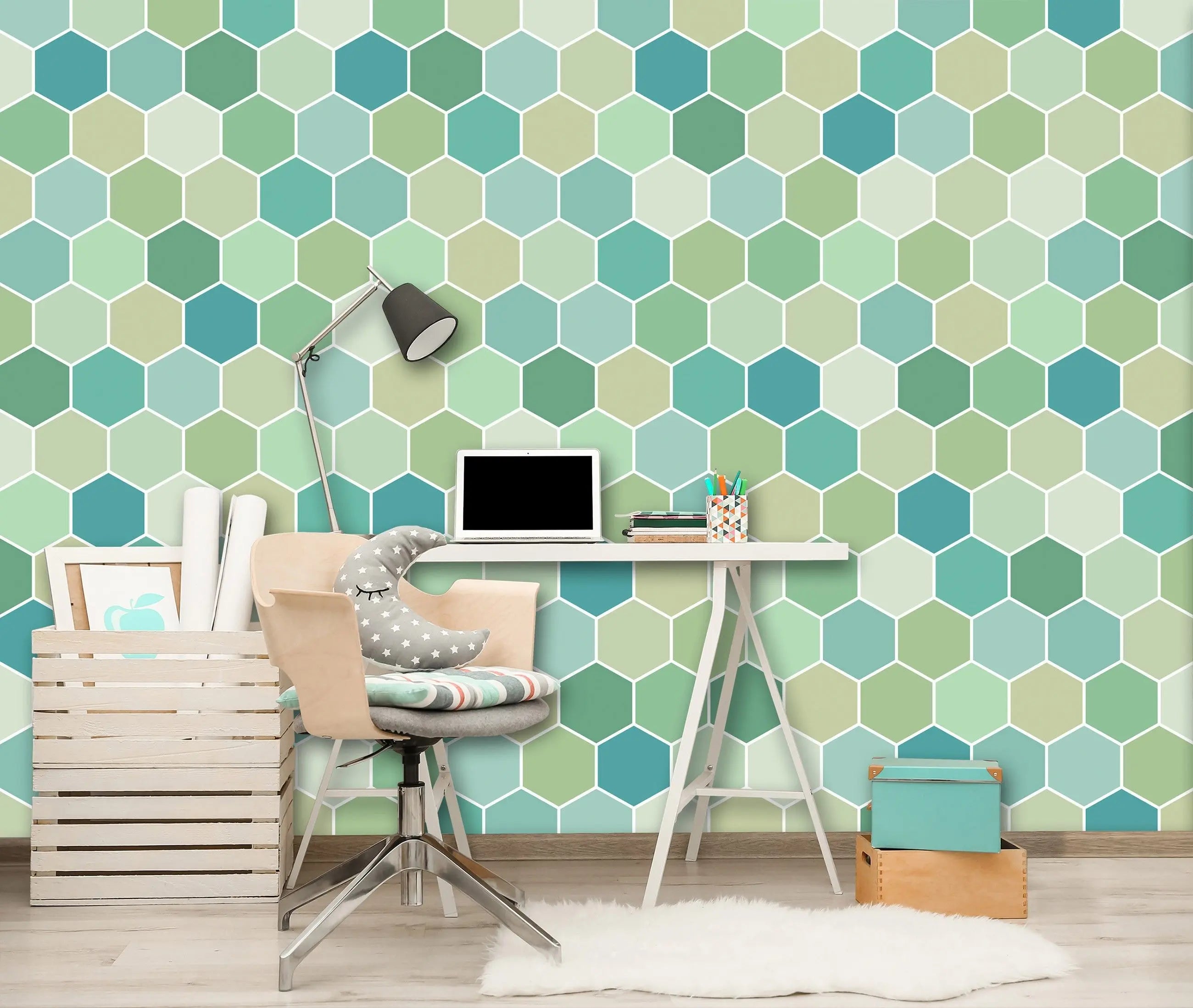 Billede 13 af Fototapet - Mønstret af grønne og blå sekskanter