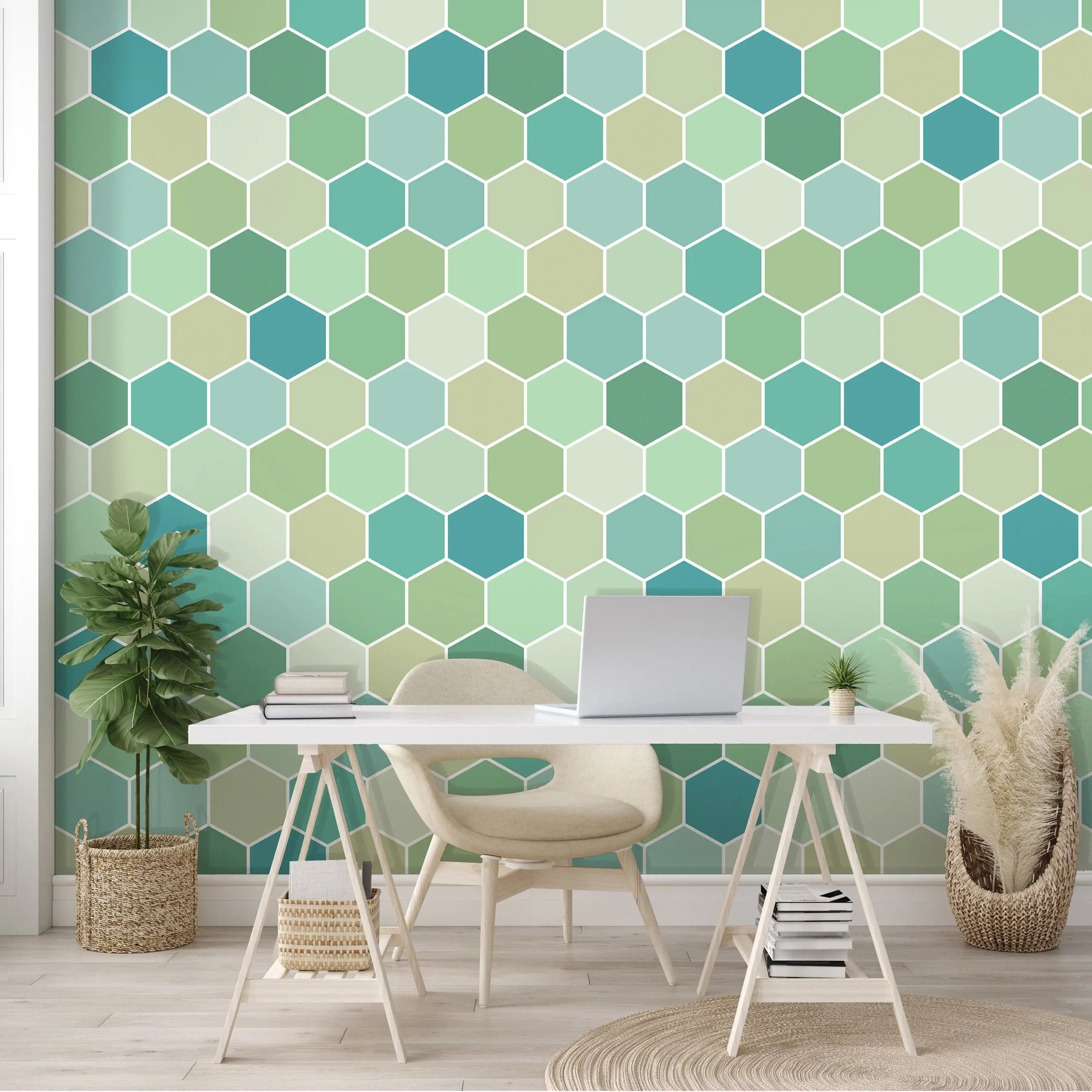 Billede 16 af Fototapet - Mønstret af grønne og blå sekskanter