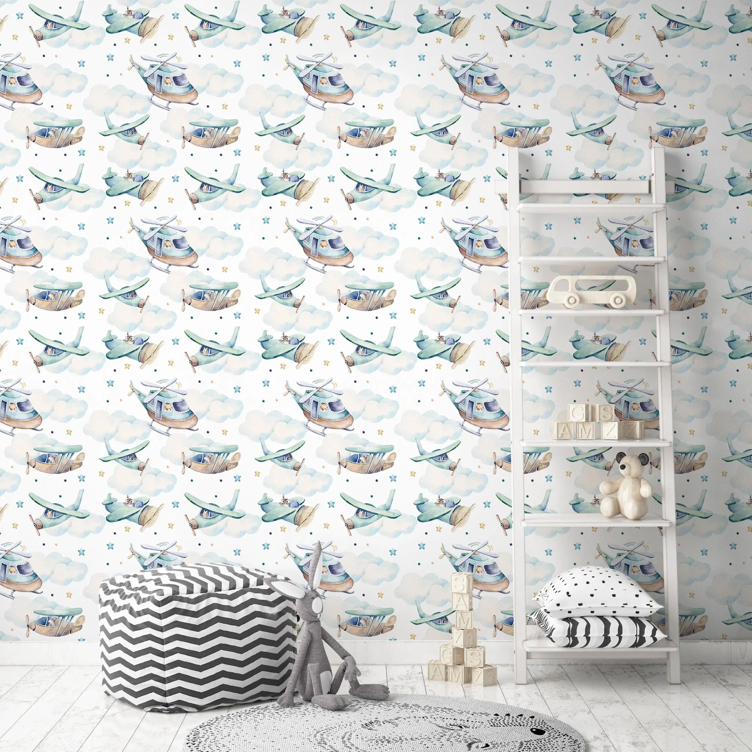 Billede 6 af Fototapet - Mønstret gentagelse af helikoptere og flyvemaskiner med skyer