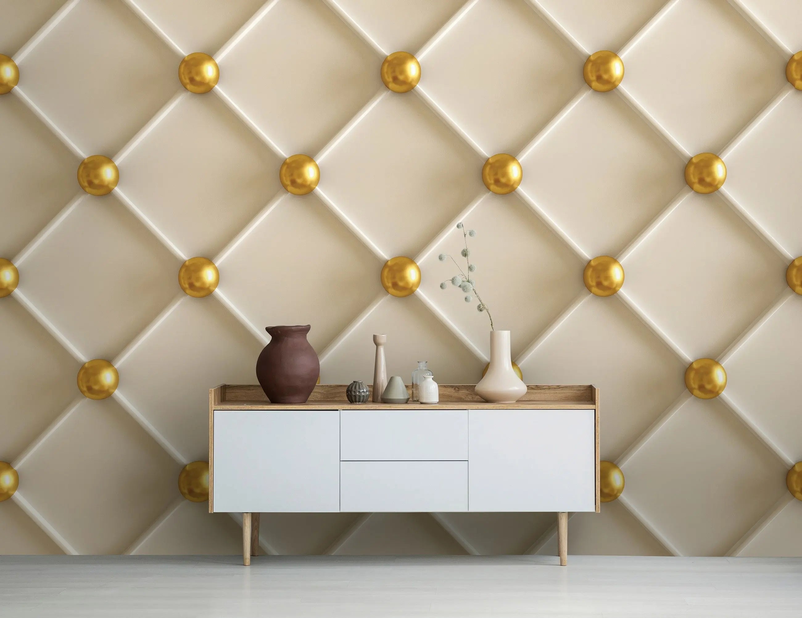 Billede 3 af Fototapet - Mønstret væg med beige polstring og gyldne knapper