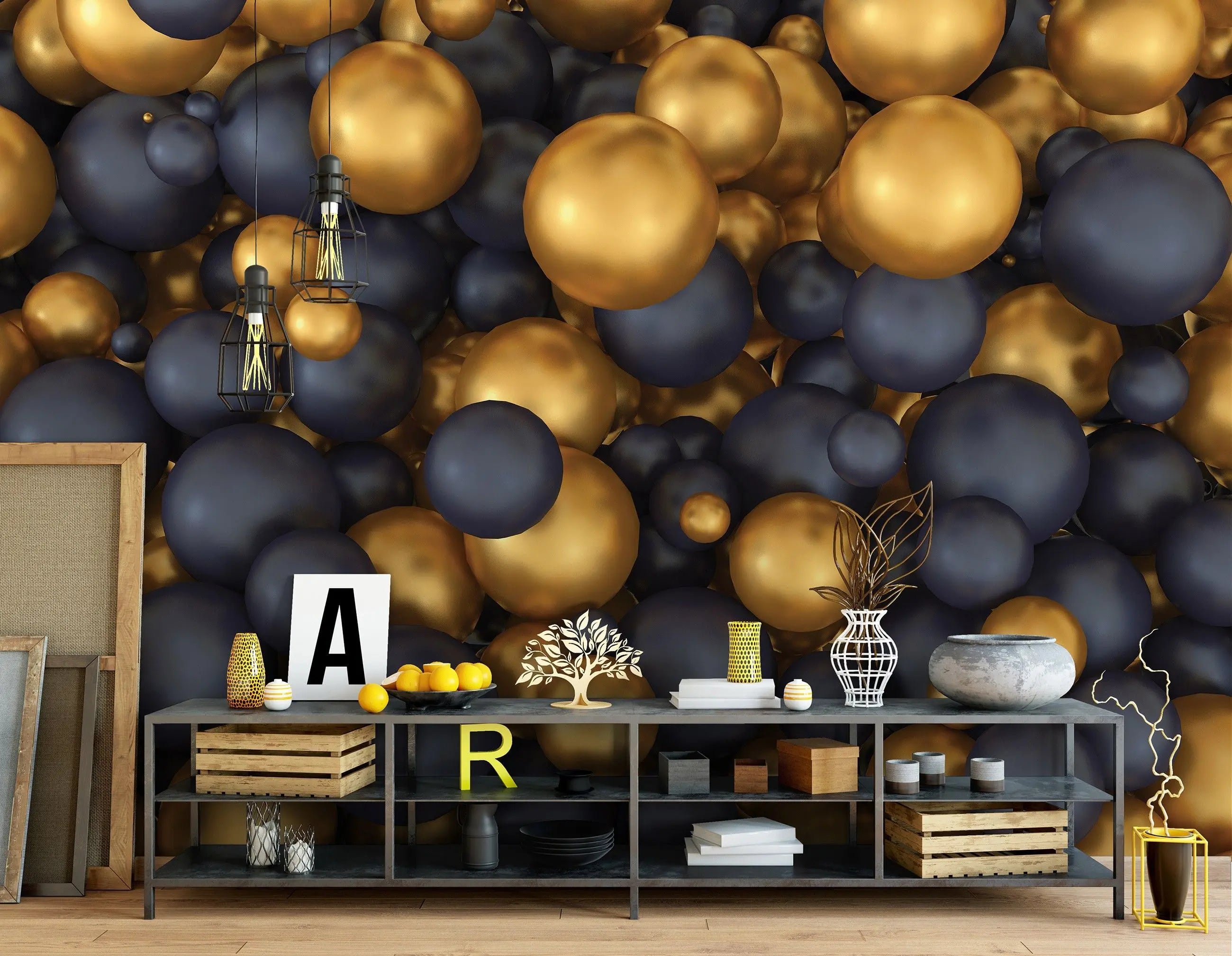 Billede 3 af Fototapet - Mørkeblå og gyldne kugler i tæt arrangement