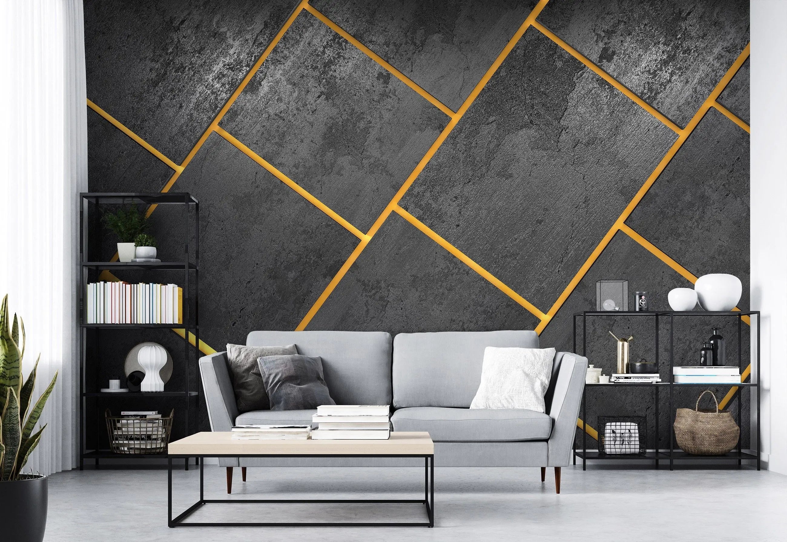 Billede 4 af Fototapet - Mørkegrå fliser med gyldne fuger